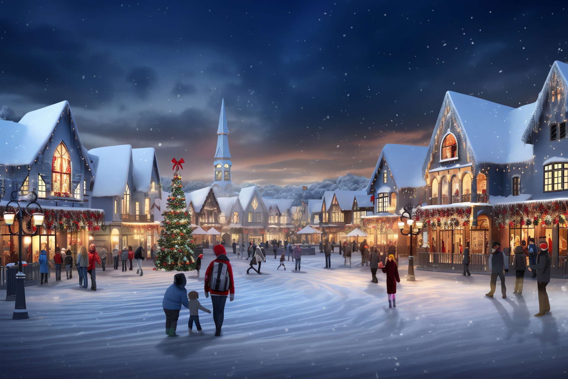 Traditional village, Seasonal decorations, Community center, Ice skating activity, Joyous environment, HD Desktop Image