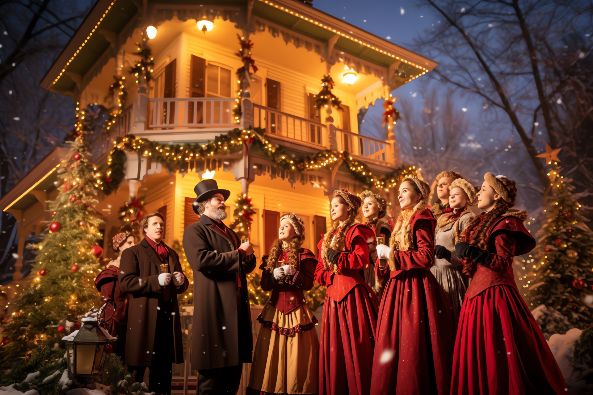 Yuletide choral group, Period garments, Adorned dwelling, Melodic traditions, Evergreen hoops, HD Desktop Image