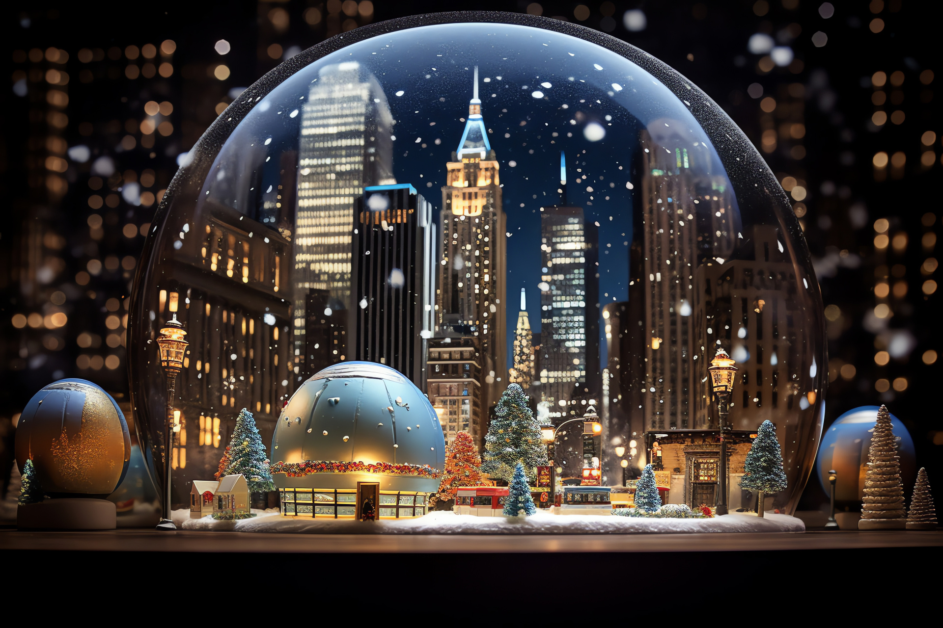 Holiday Snow Globe, Miniature Winter Scene, Urban Skyline Sculpture, Seasonal Night Illumination, Ornamental Globe, HD Desktop Wallpaper