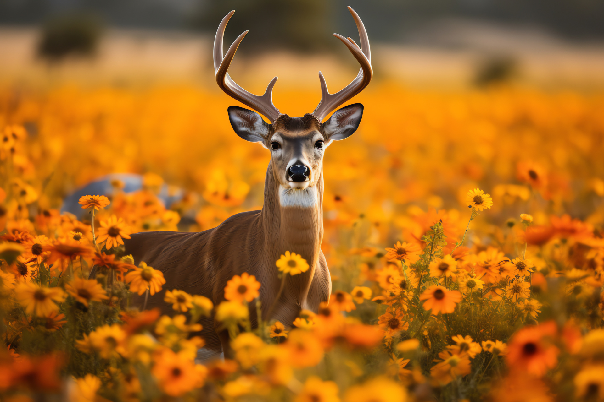 Antlered buck, Capreolinae species, Stag in golden light, Deer with watchful gaze, Fauna of the woodland, HD Desktop Wallpaper