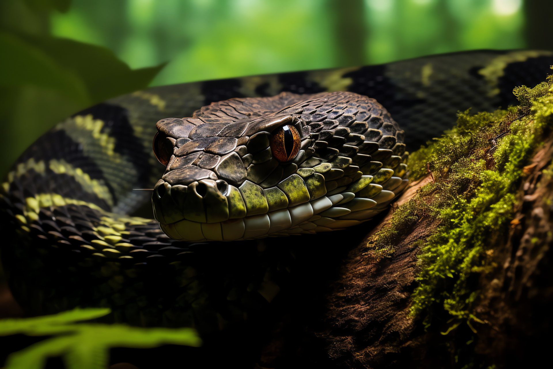 Bushmaster rattlesnake, Amazonian predator, jungle denizen, reptilian grace, equatorial wildlife, HD Desktop Wallpaper