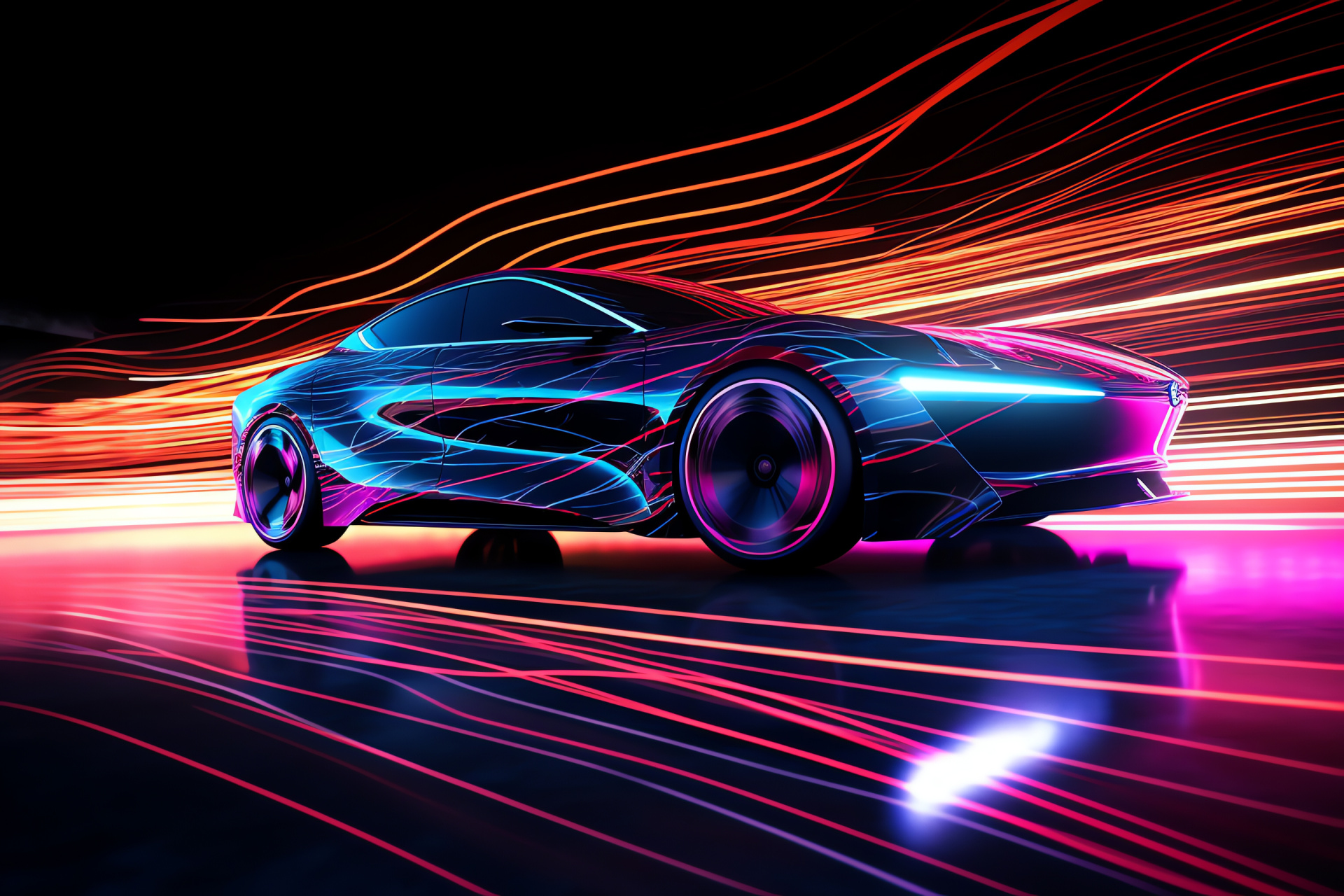 Modern electric vehicle, Broad angle snapshot, Fluid lines swirl pattern, Smooth automotive design, Sustainable driving future, HD Desktop Wallpaper