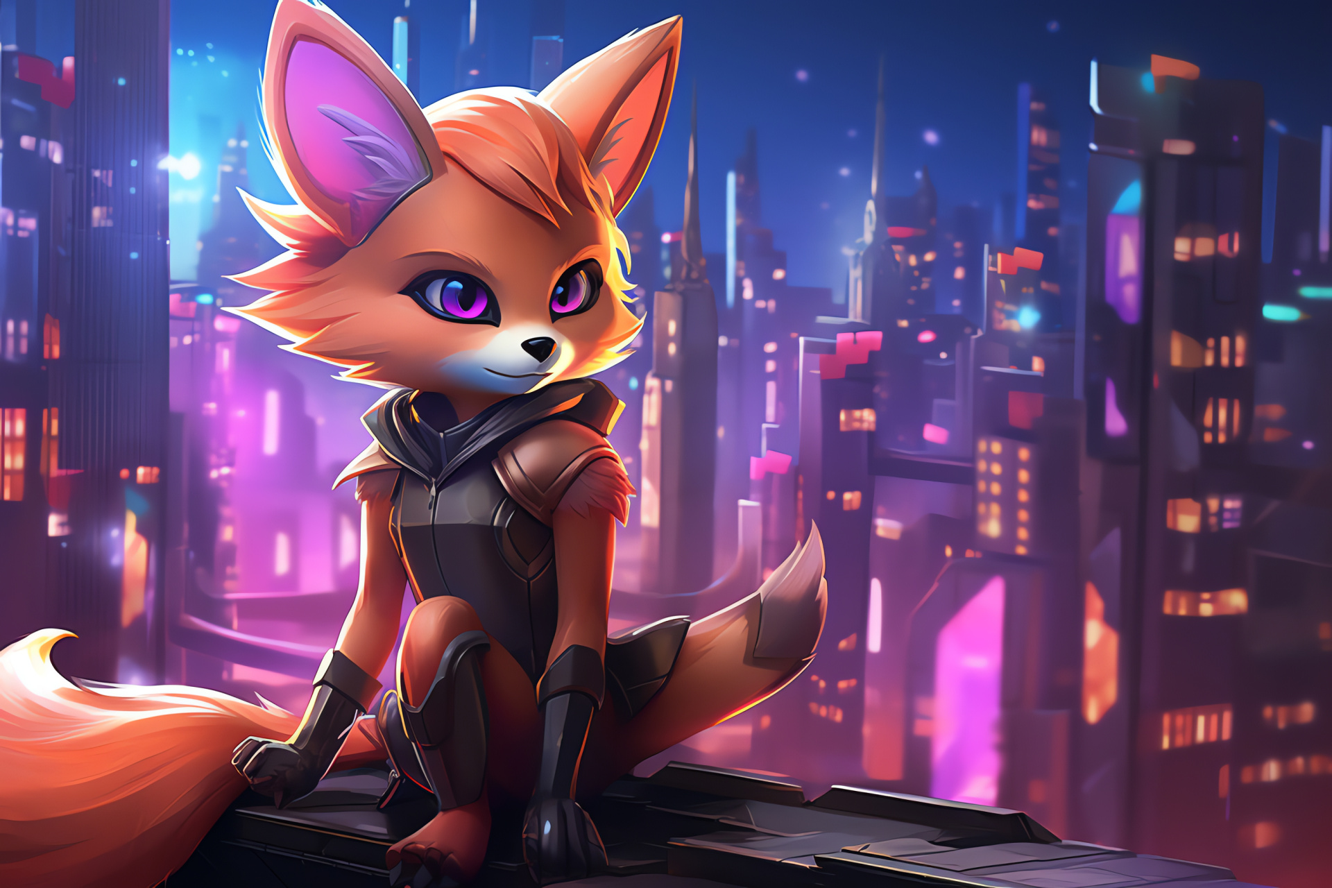 Fennekin, Pokemon, High-tech urban landscape, Tower blocks, Virtual signage, HD Desktop Wallpaper