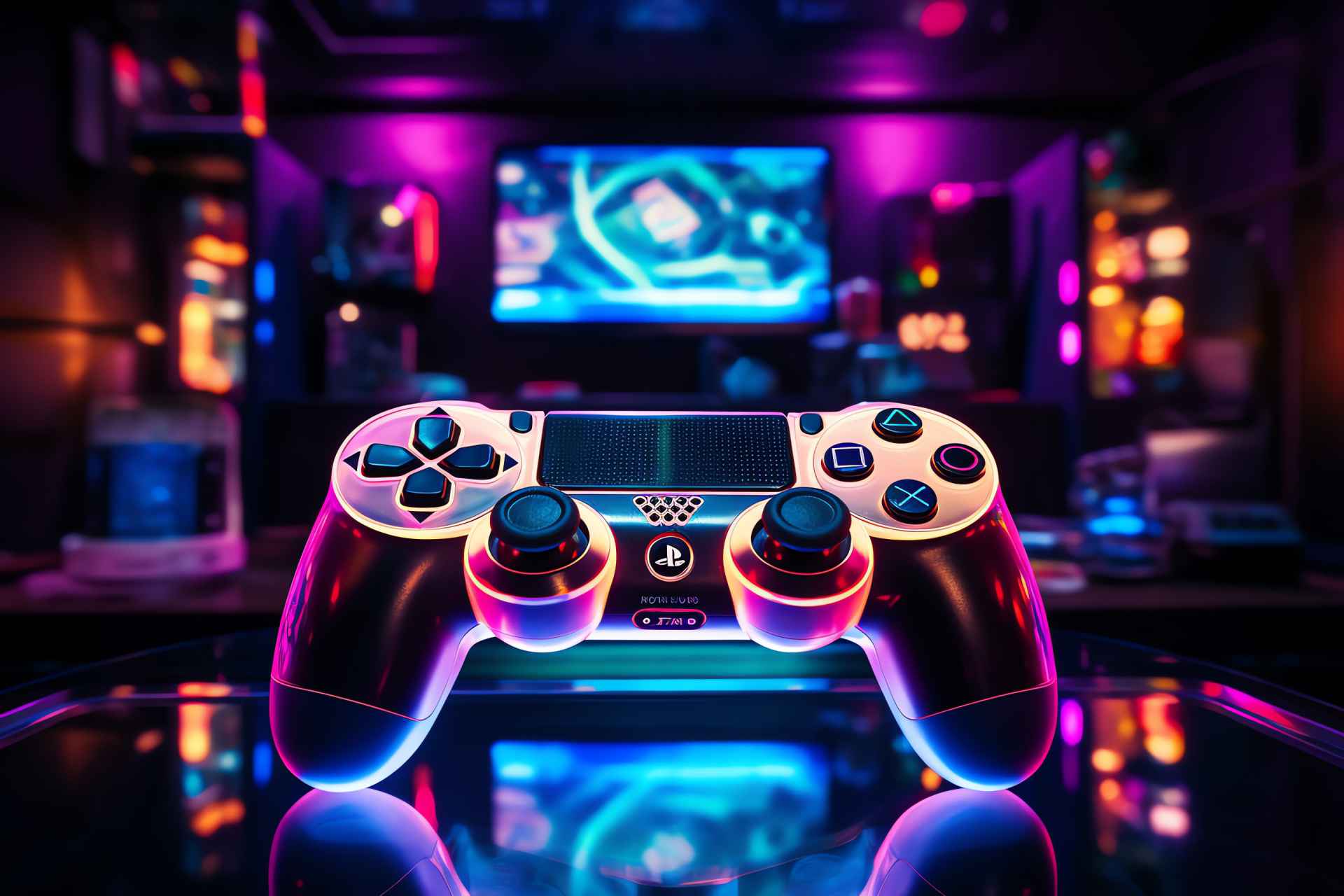 Console gaming environment, Gamer space, Classic controller appearance, Community gaming setting, Black PlayStation controller, HD Desktop Wallpaper