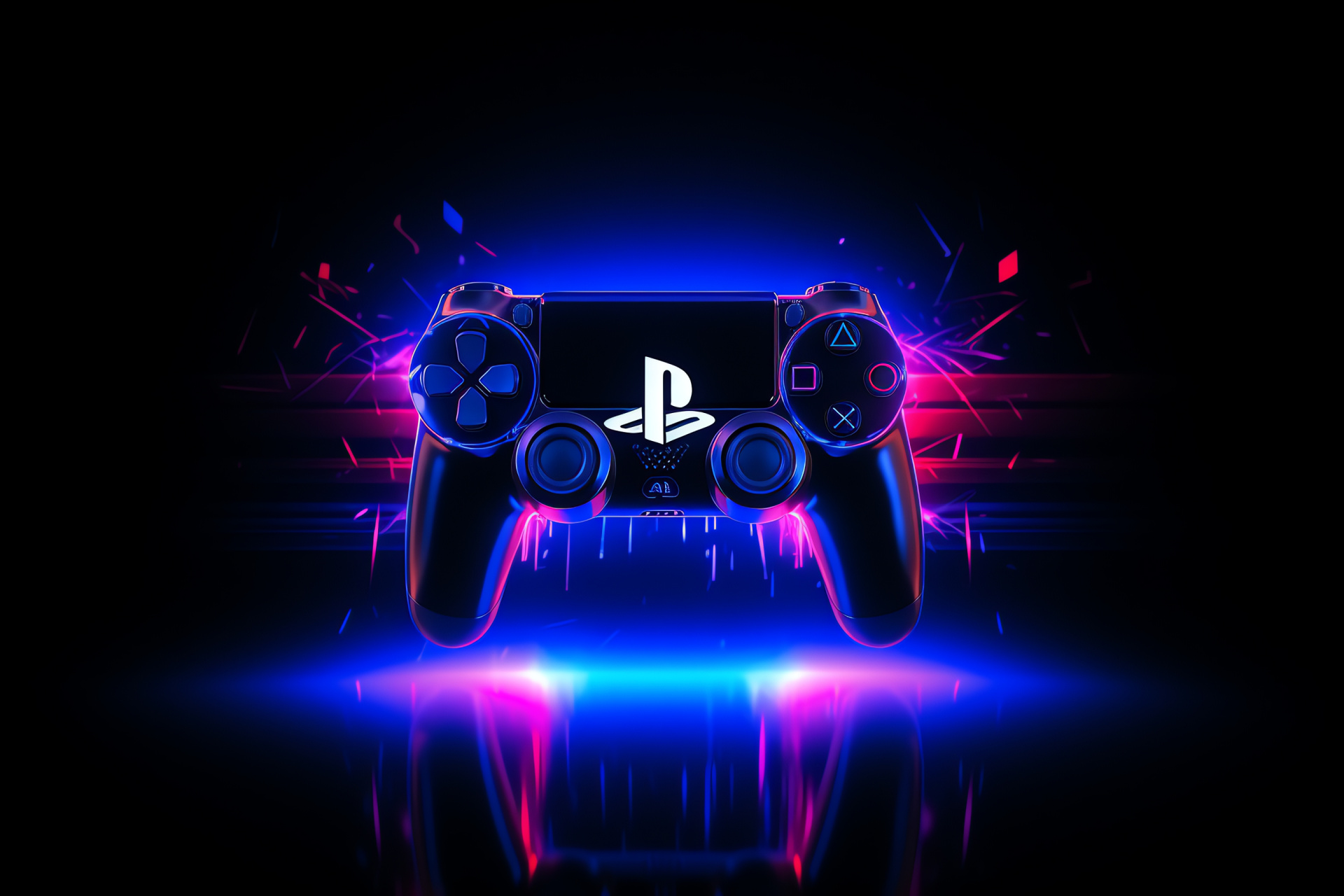 PlayStation 4 insignia, Jet black canvas, Pixelated distortions, Sleek aesthetics, Contemporary style, HD Desktop Wallpaper