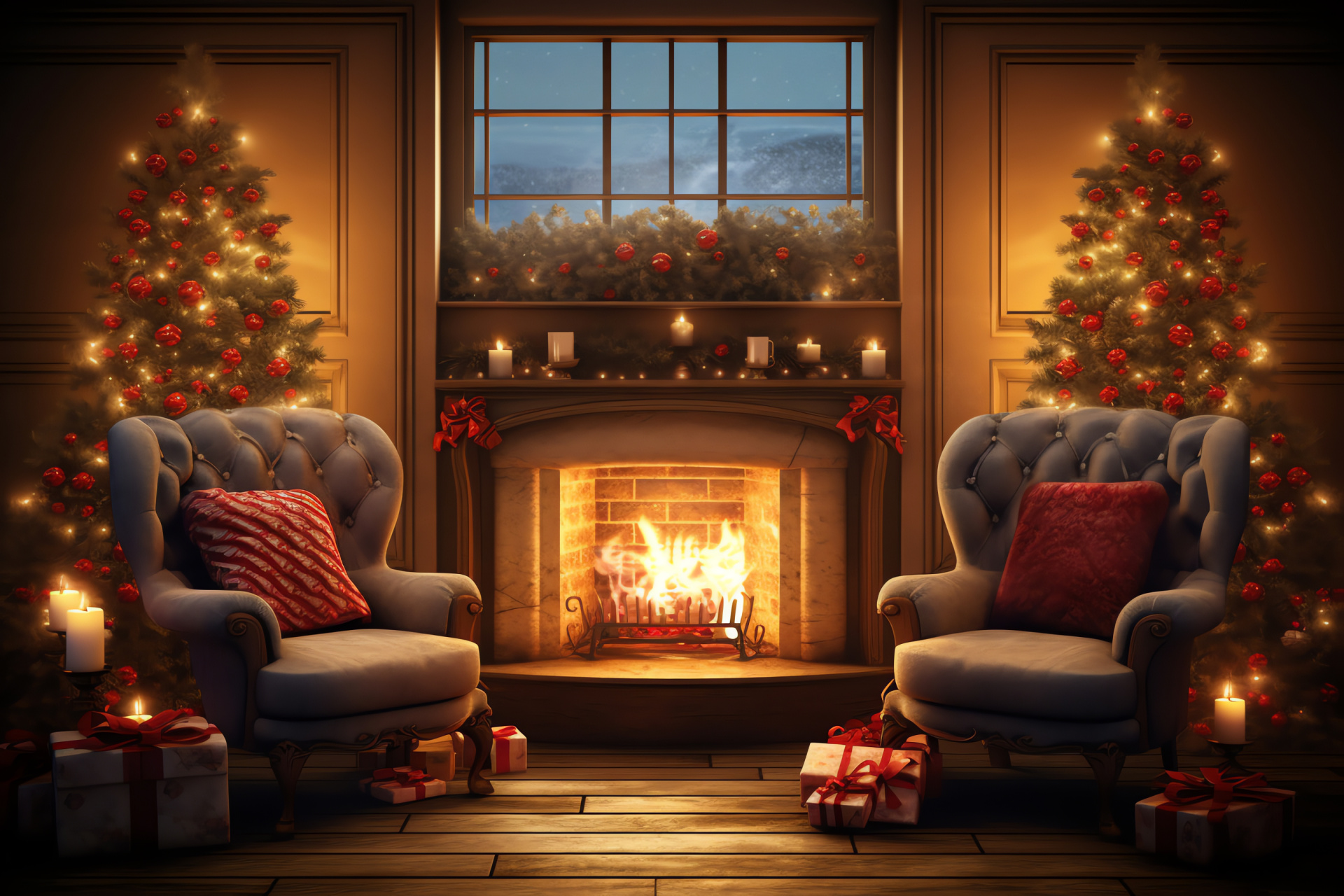 Festive interior, Seasonal flame, Relaxed seating, Evergreen decoration, Twinkling festivity, HD Desktop Image