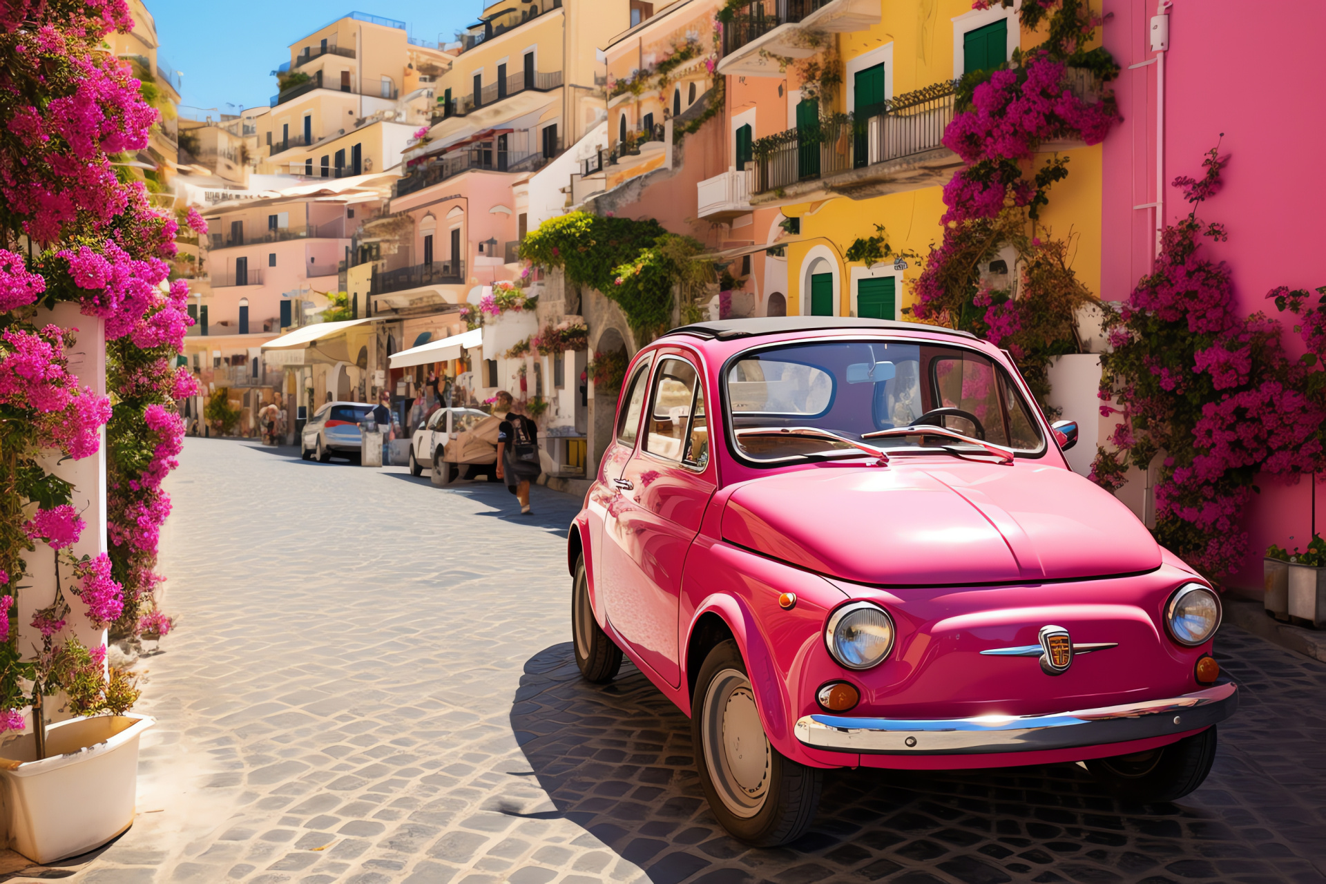 Pink Fiat 500 along Positano, scenic cliffside journeys, Mediterranean Sea horizon, Italian vacation vibe, coastal allure, HD Desktop Wallpaper