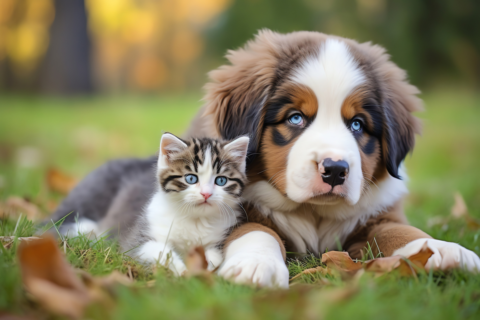 Bernese mountain dog, tricolor puppy, companionable pets, feline friend, animal softness, HD Desktop Wallpaper