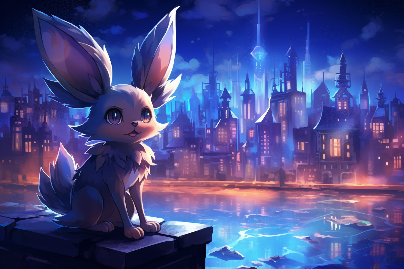 Nightlife Eevee evolution, Metropolitan twilight, Psychic Espeon, Starlit pavements, City lights, HD Desktop Image