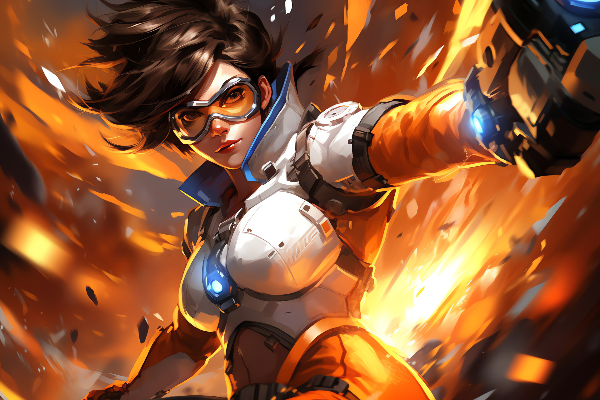 Overwatch Tracer, Combat scene, Handheld armaments, Luminescent costume, Dynamic pose, HD Desktop Image