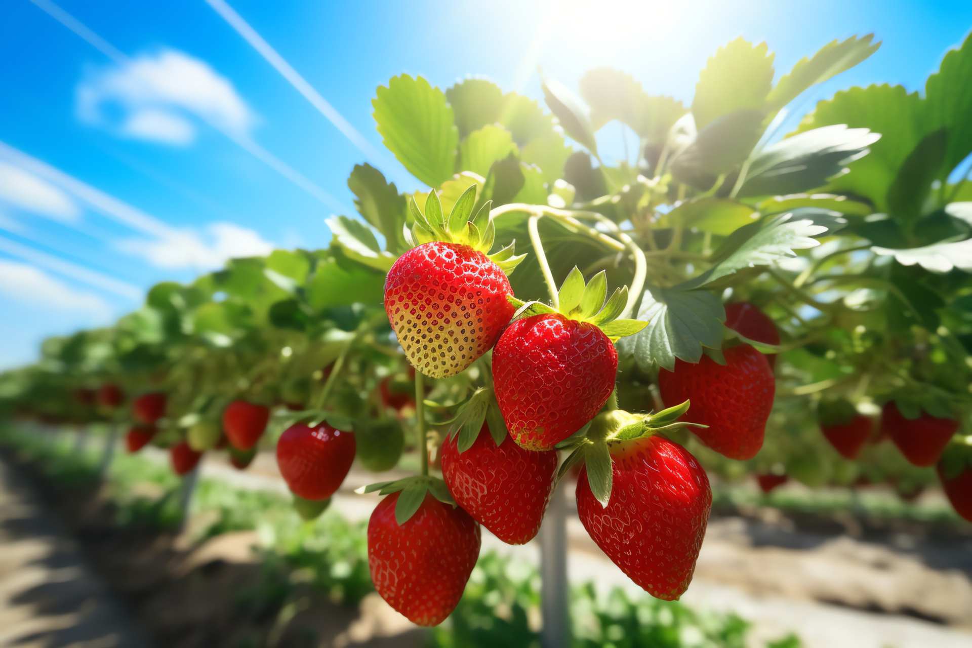 Berry cultivation rows, agrarian setup, daylight farming, fruit foliage, harvest-ready berries, HD Desktop Image