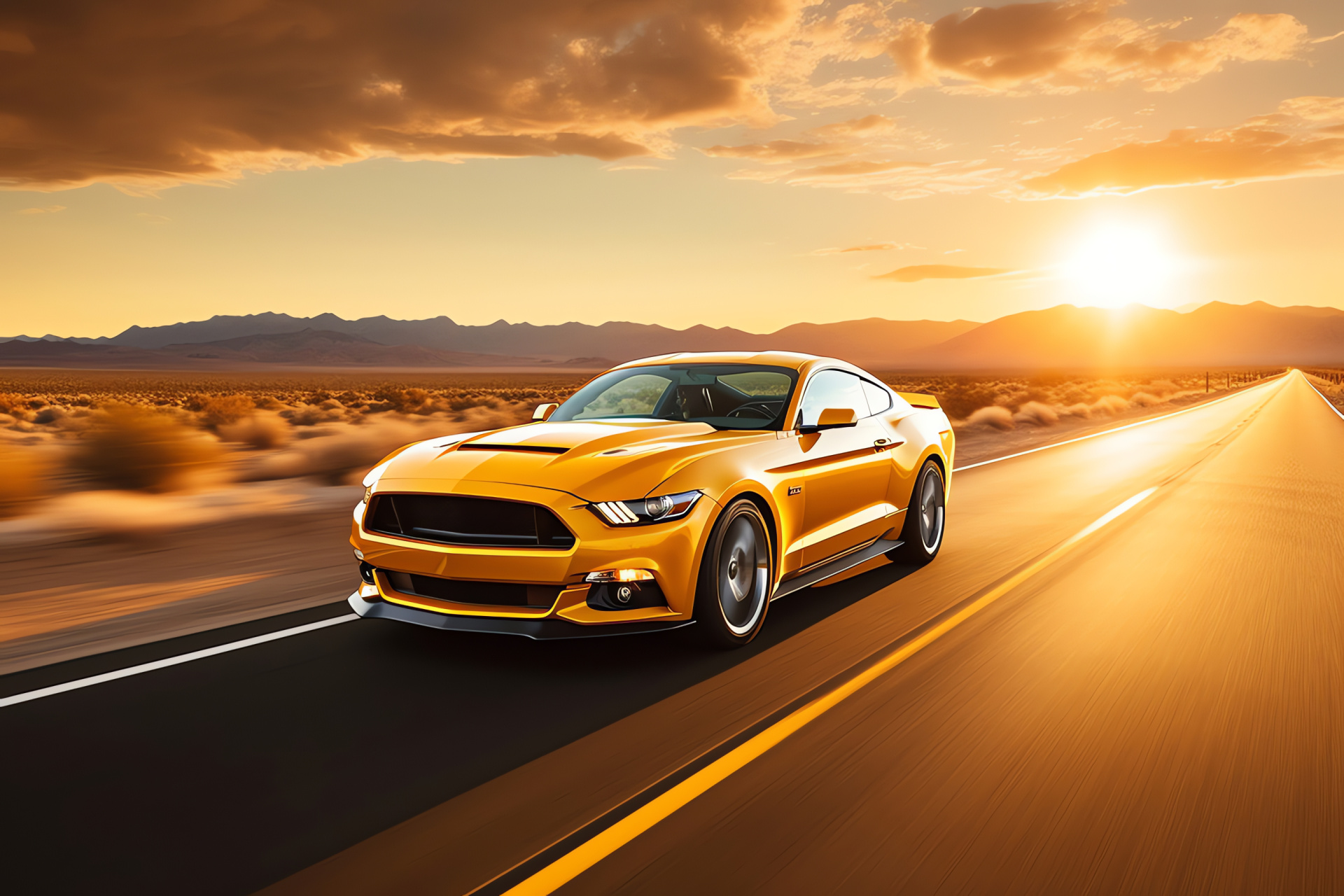 Ford Mustang, Mother Road, Southwestern barrenness, Amber illumination, Freedom path, HD Desktop Wallpaper