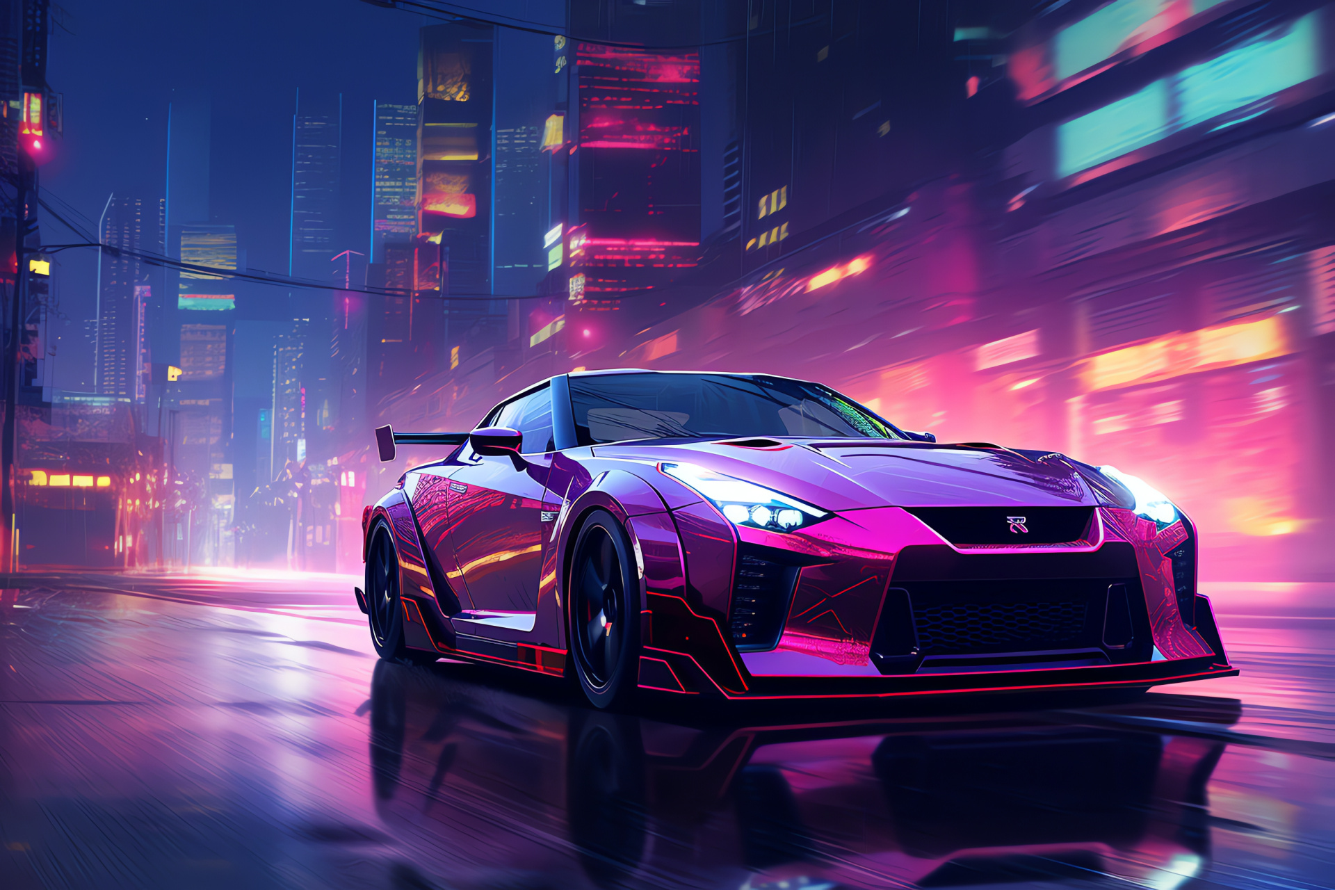 Nismo car, Racing sports vehicle, Neon urban scenery, Skyscraper skyline, High-performance motor, HD Desktop Wallpaper