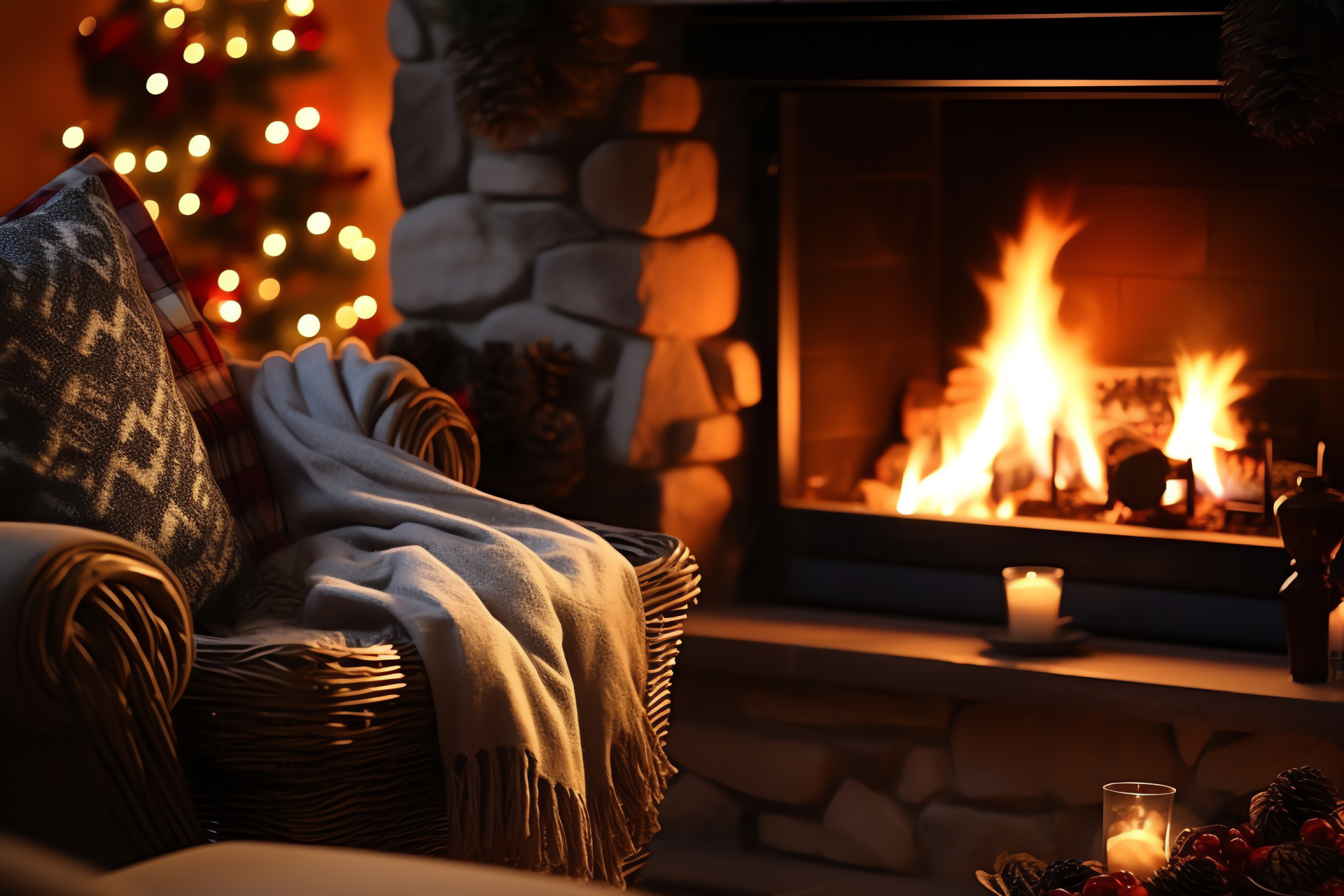 Cozy fireside Christmas, mantlepiece stockings and decor, comfiest nook with yuletide warmth, tranquil holiday ambiance, HD Desktop Wallpaper