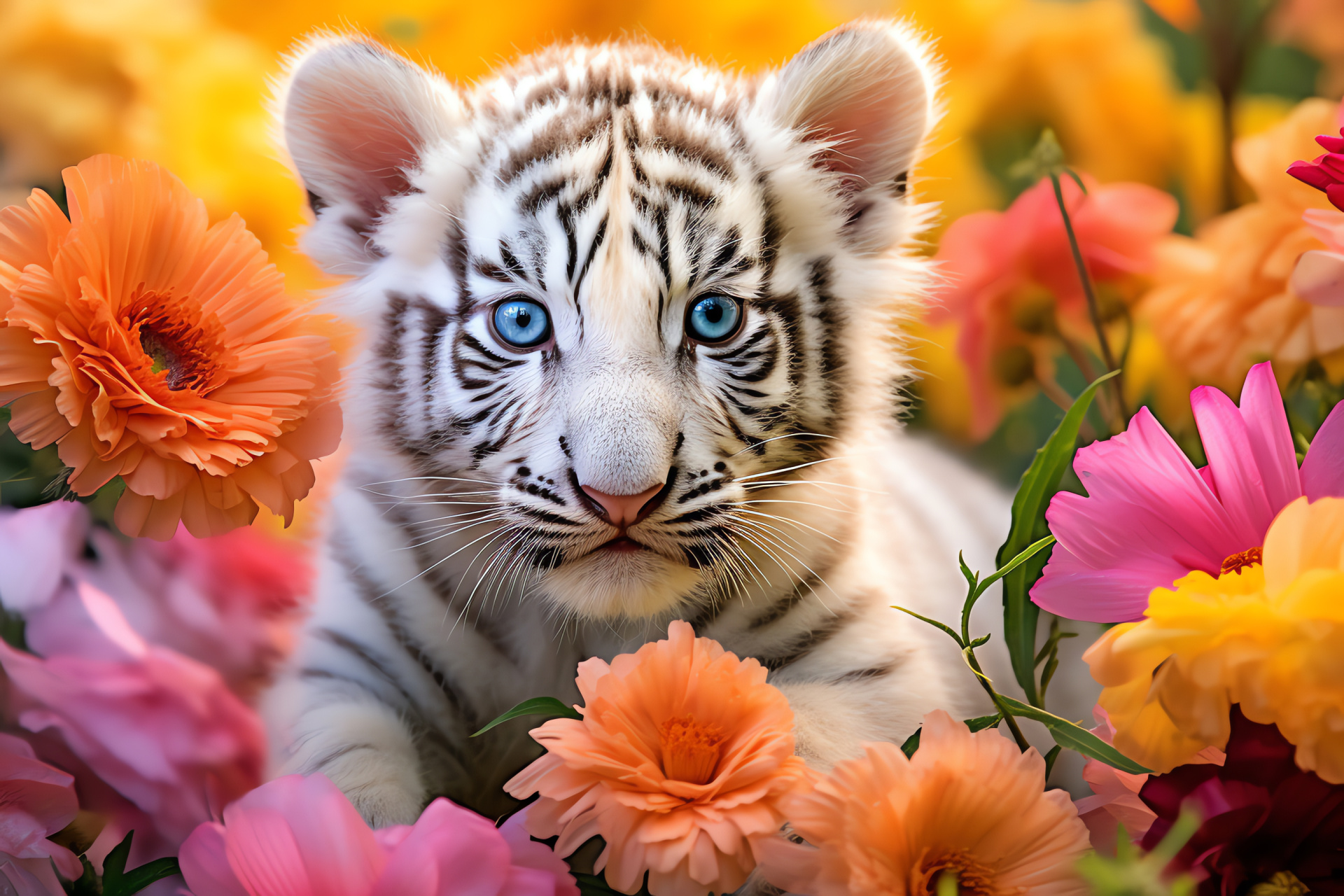 Adolescent Feline Explorer, Multichromatic Floral Array, Angelic Pelt Texture, Vivid Hue Spectrum, HD Desktop Image