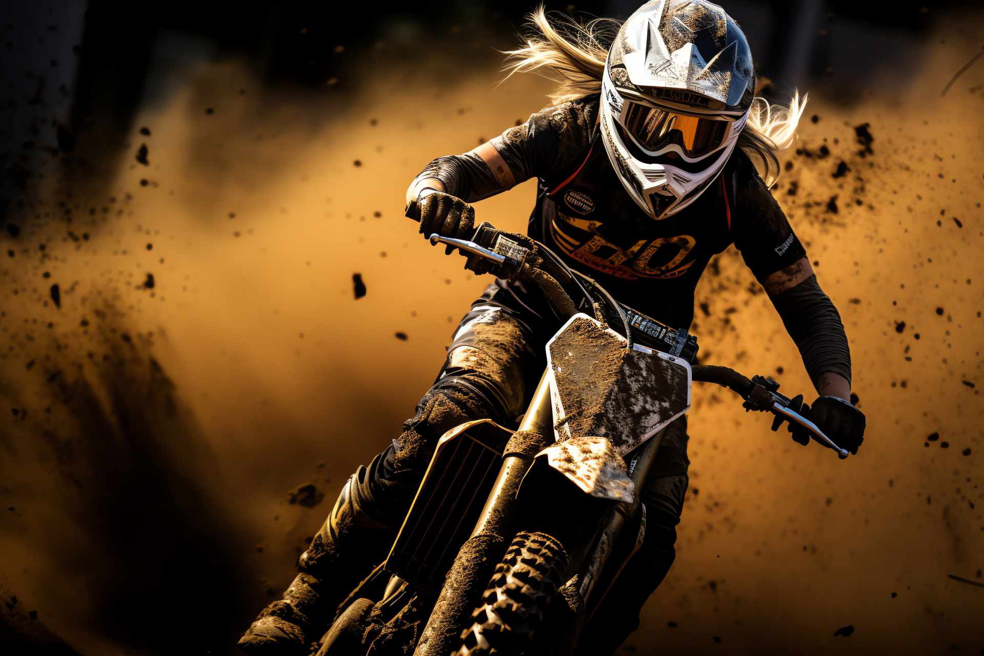 Motorcycle racer attire, Dirt track ambiance, Off-road adventure, Rugged terrain challenge, Dirt-streaked gear, HD Desktop Image