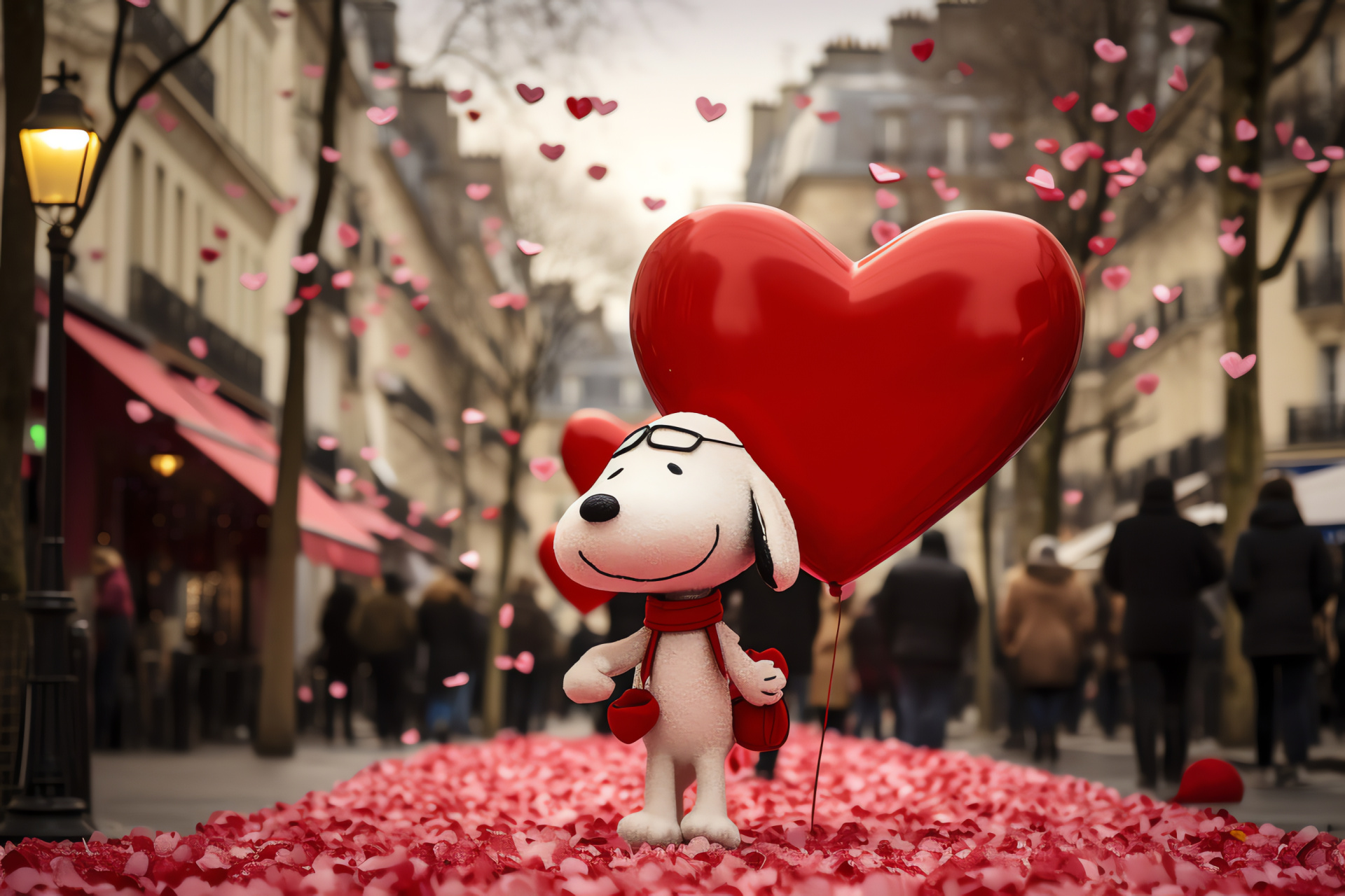 Snoopy Valentine, bustling boulevards, French capital, romantic decor, festive streamers, HD Desktop Image