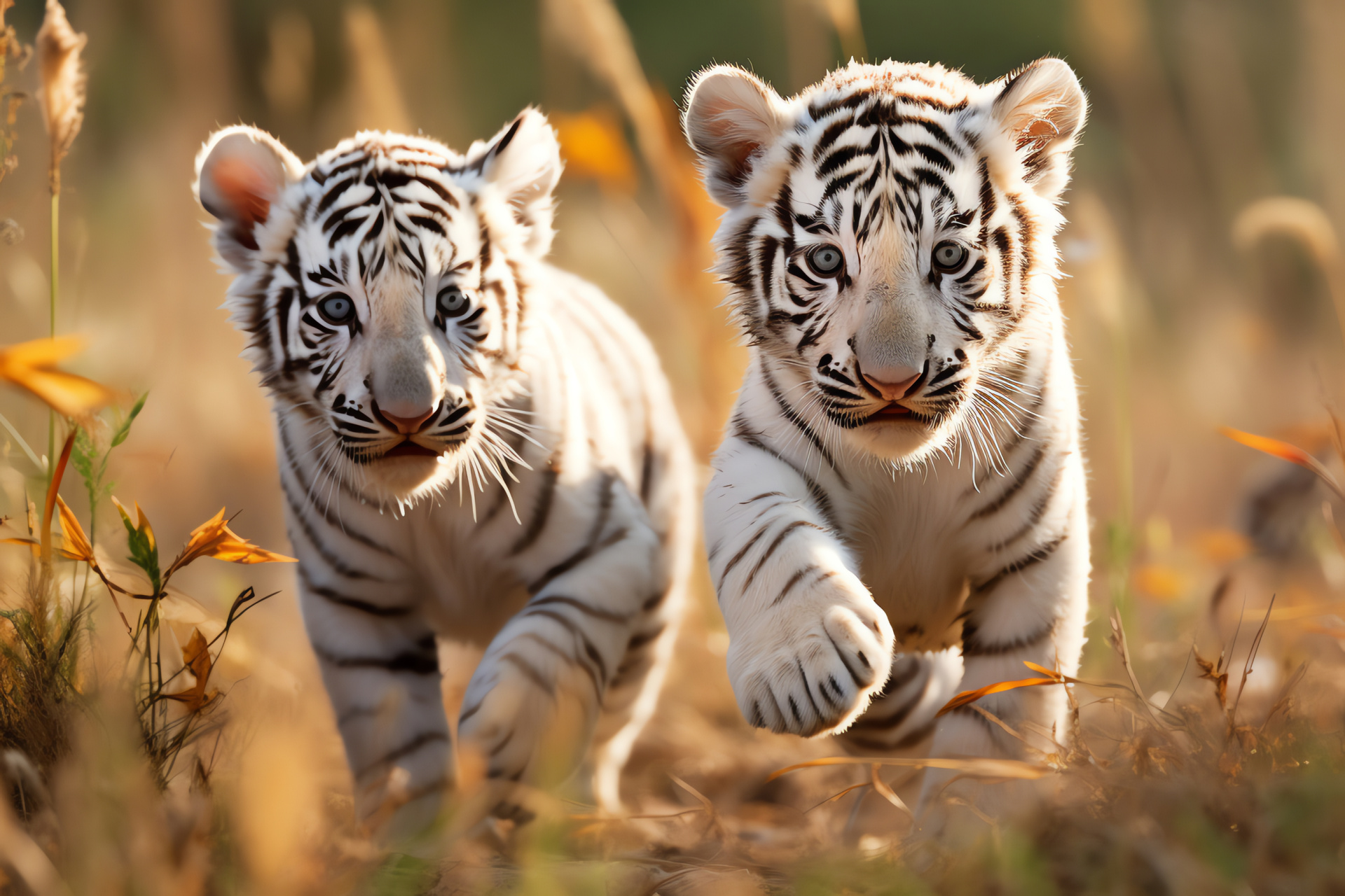 White Tiger Cubs, Green-eyed innocence, Golden savannah, Playful feline siblings, Early life stages, HD Desktop Wallpaper