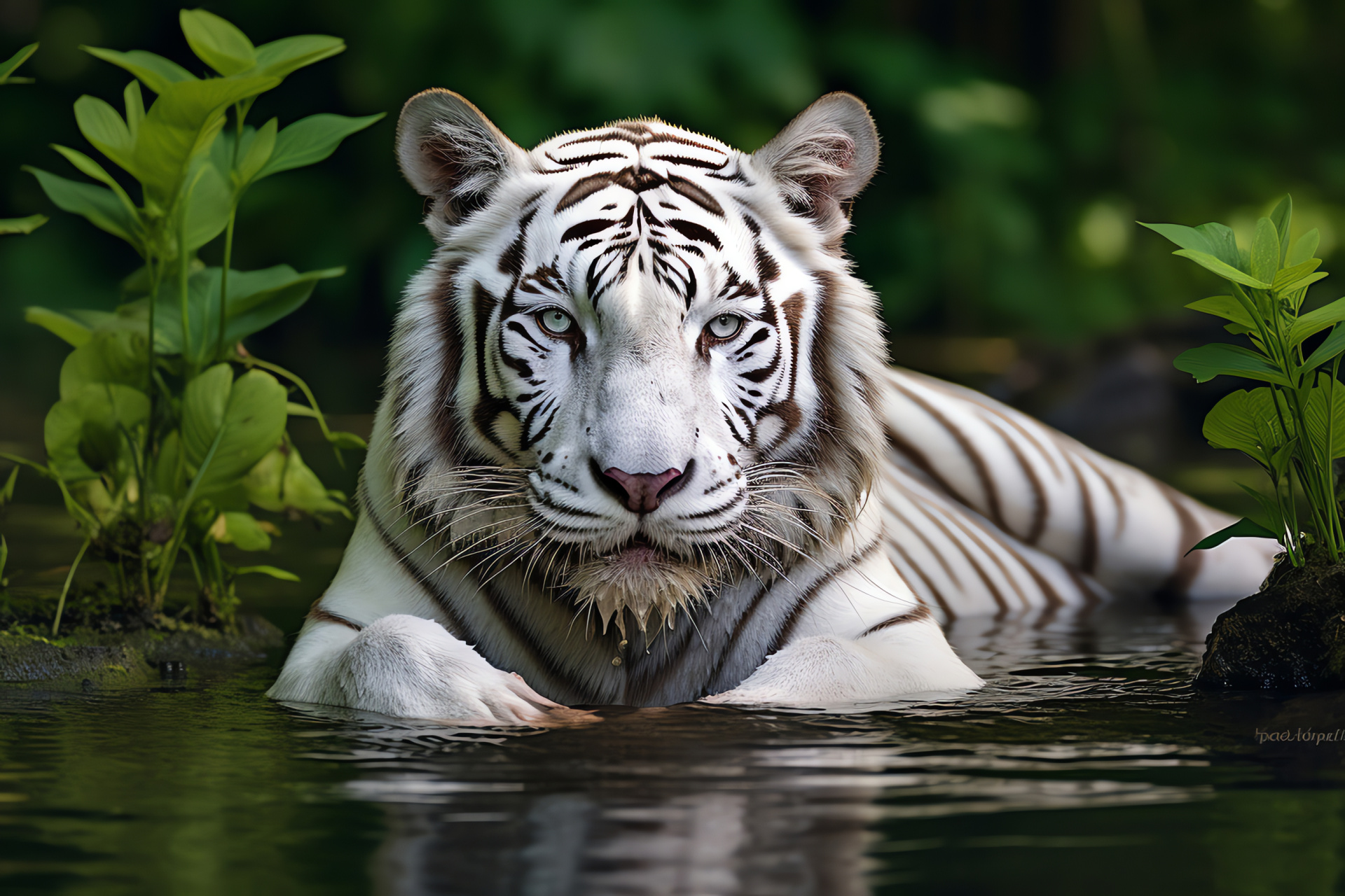 Majestic White Tiger, feline grace, endangered species, striking contrasts, solitary predator, HD Desktop Wallpaper