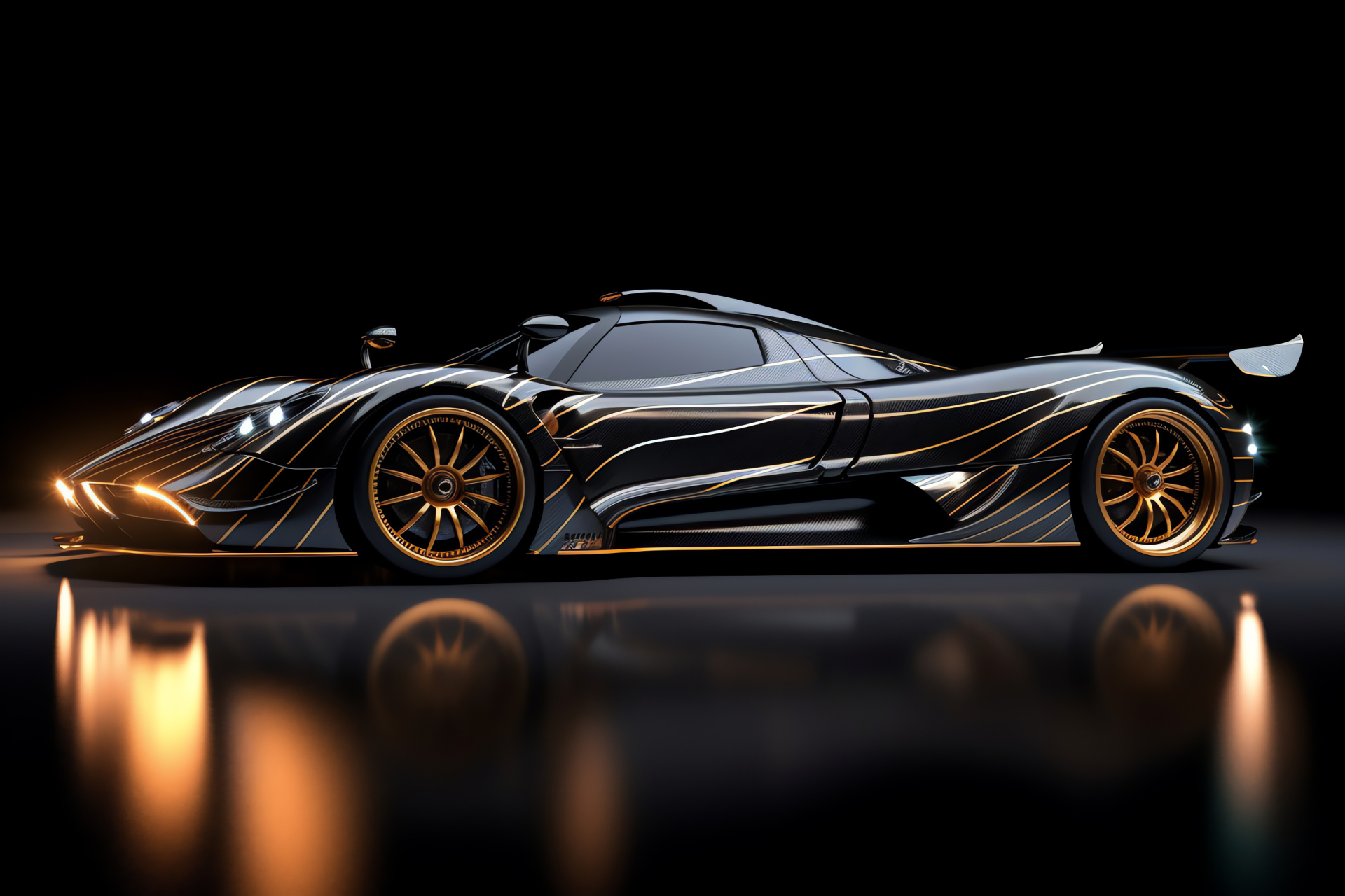 Pagani Zonda F, side perspective, luminescent swirls, metallic sheen, aesthetic harmony, HD Desktop Wallpaper