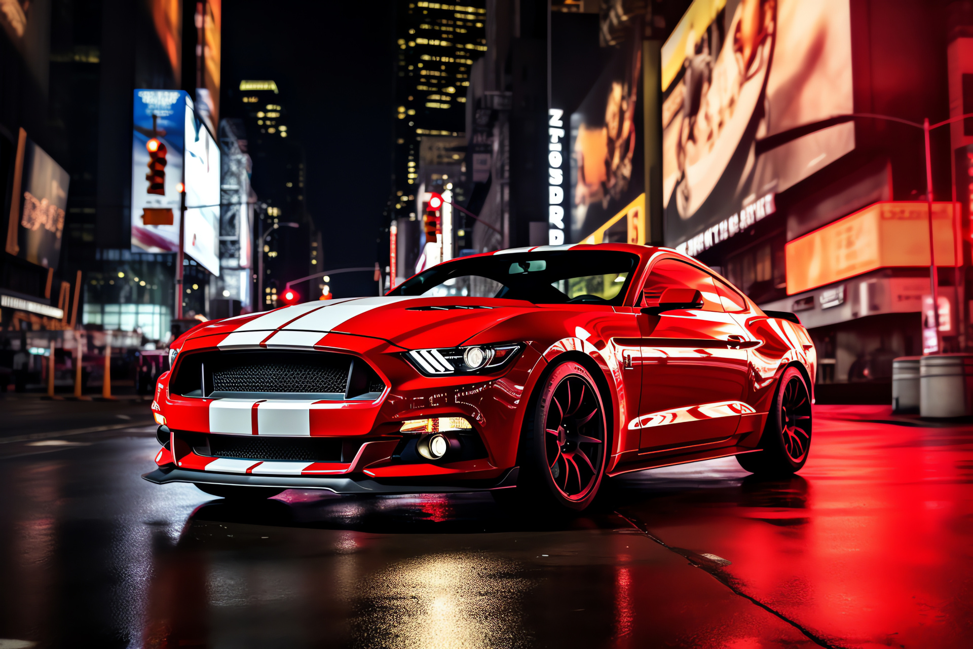 Times Square Mustang GT350, Manhattan auto style, Bright urban colors, City light reflections, Metropolis traffic scene, HD Desktop Image