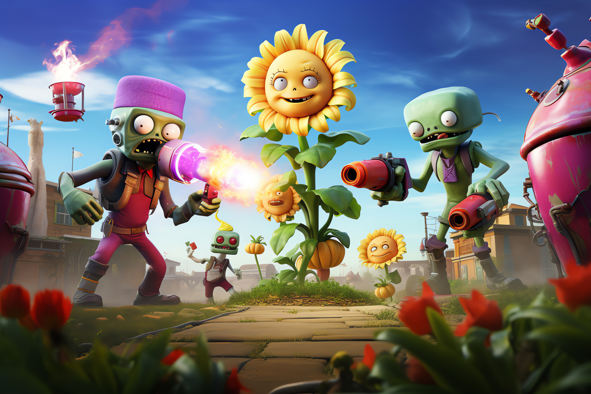 Key Pvz personalities, Sunflower friend, Seed-spitting ally, Voracious flora, Pvz Garden Warfare 2 ensemble, HD Desktop Wallpaper