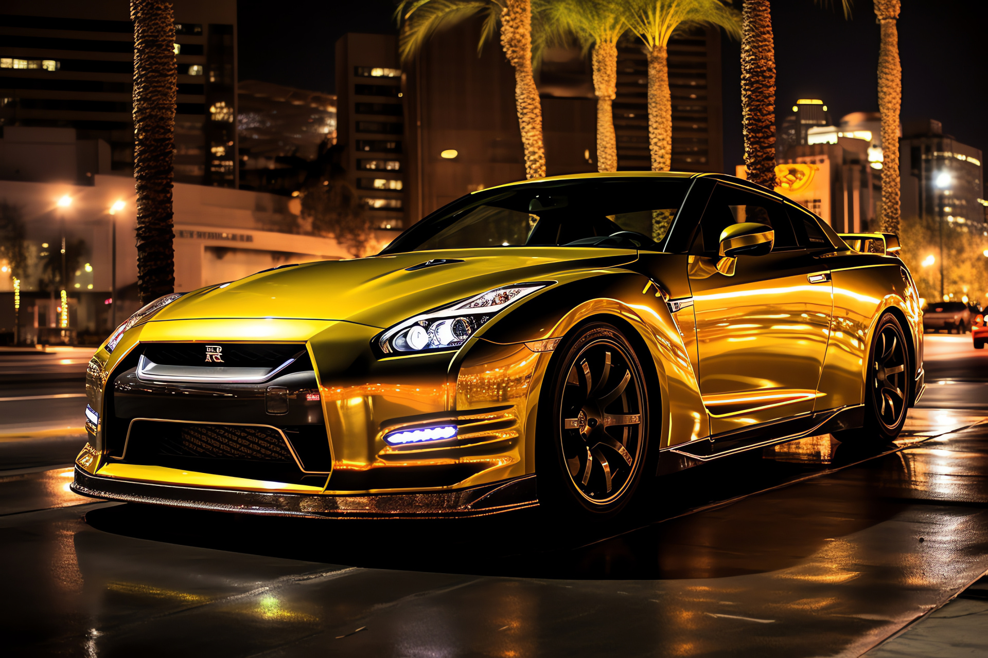 Nissan GTR R35, Gold Edition luxury, Las Vegas glamor, Shiny gold wrap, Distinctive sports car, HD Desktop Wallpaper