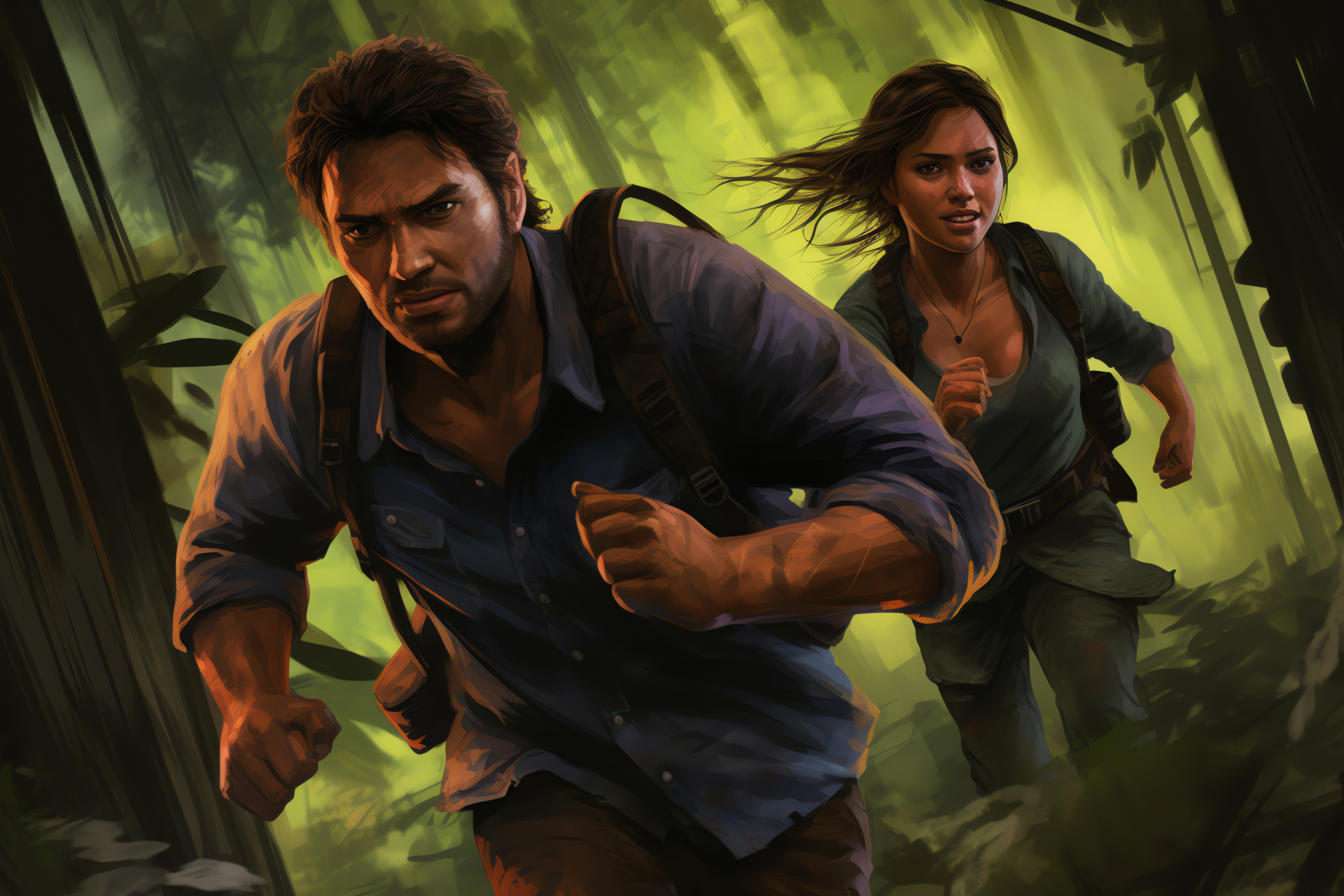 Elena Fisher with Nathan Drake, Adventure partners, Wild woodlands, Track evidence, HD Desktop Wallpaper