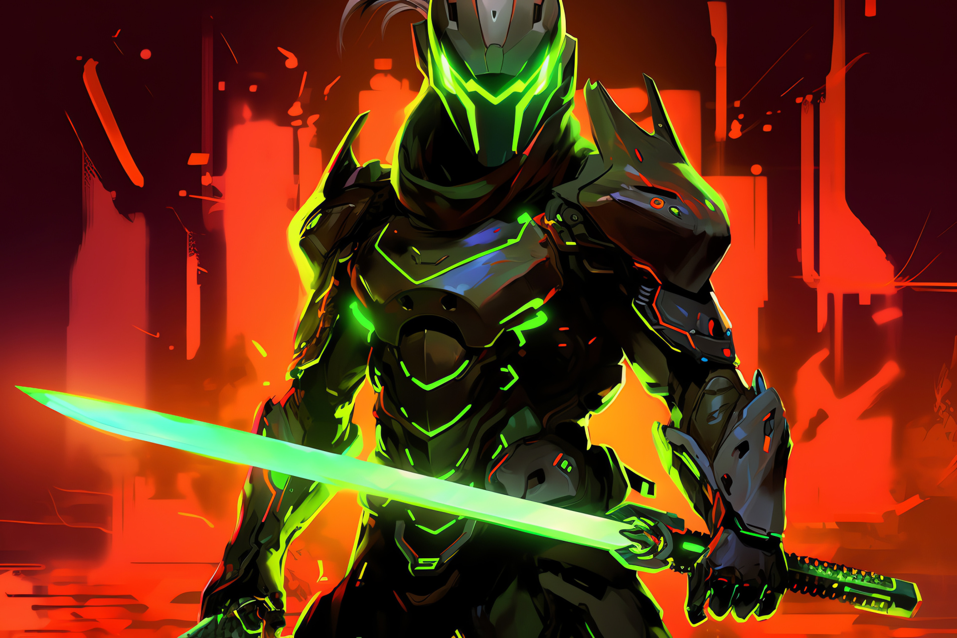 Green-eyed Genji, Overwatch ninja warrior, Sharp katana blade, Cyber-augmented Overwatch hero, Overwatch gameplay moment, HD Desktop Image