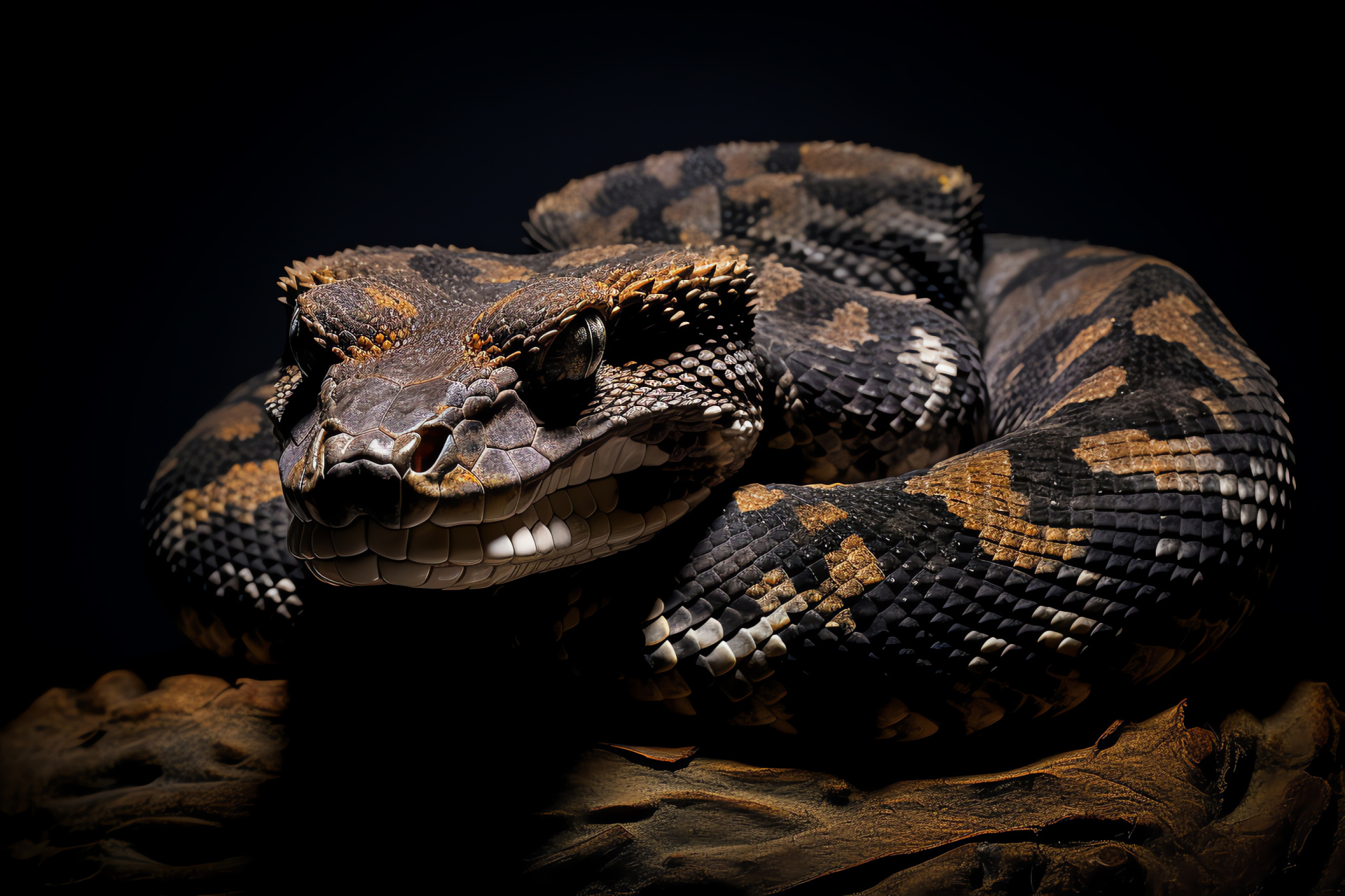 Gaboon viper, venomous snake, horned serpent, intense gaze, black background, HD Desktop Image