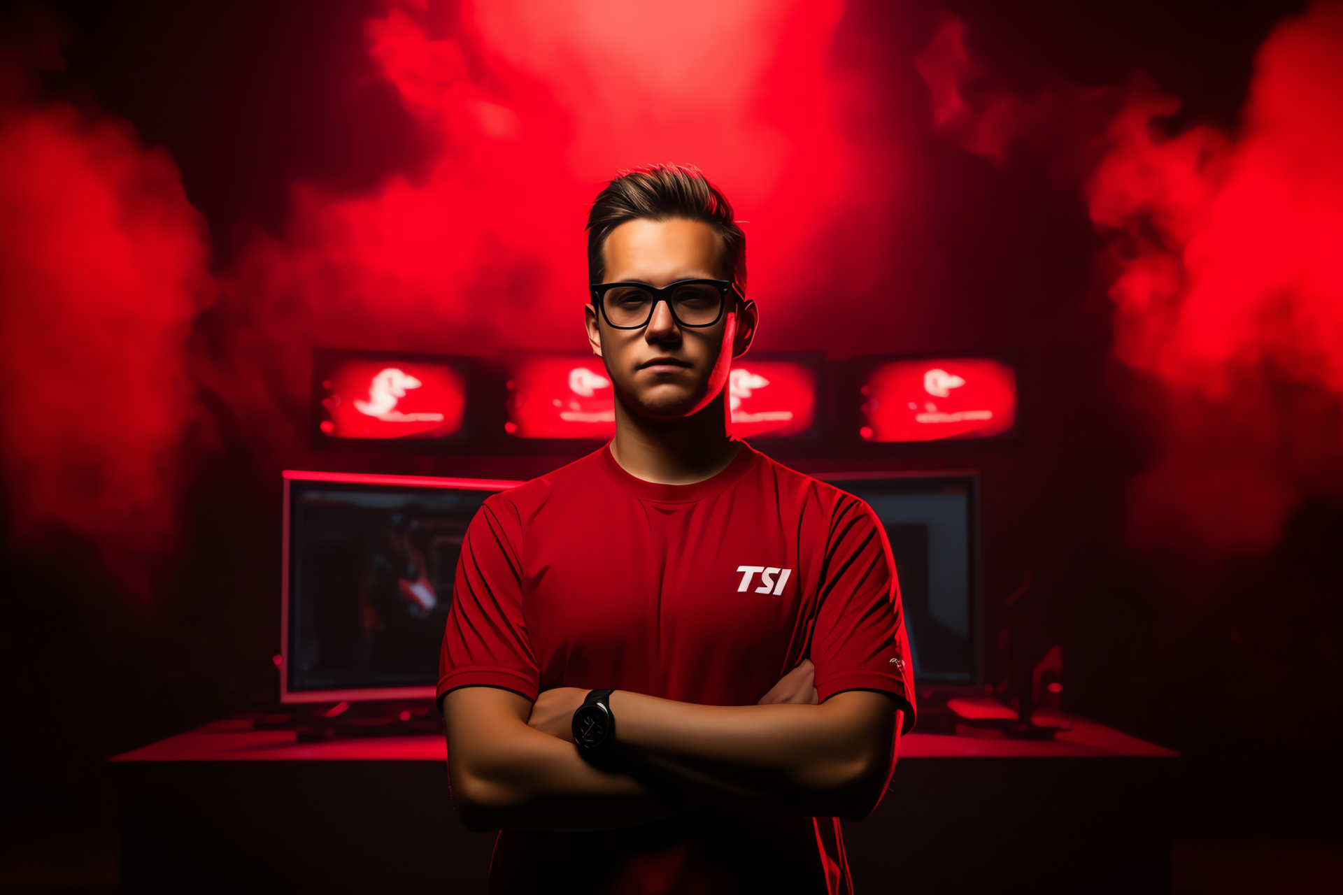 Tsm gaming phenomenon, Storied eSports participant, Solid scarlet backdrop, Assured gamer stance, Green-eyed intensity, HD Desktop Image