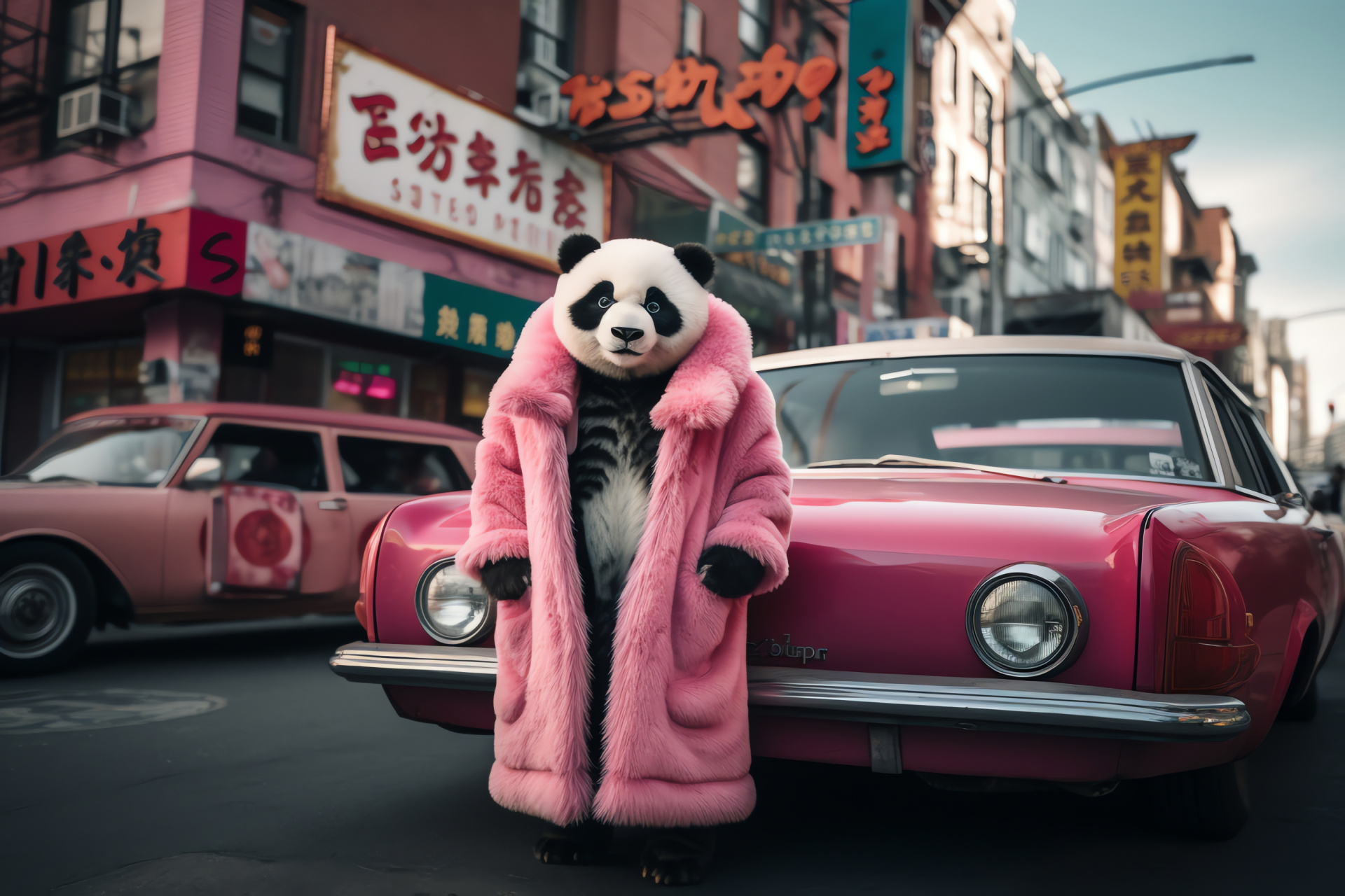 Pink Panda, Urban wildlife, Decorative animal pattern, Modern city interaction, Pop culture icon, HD Desktop Wallpaper