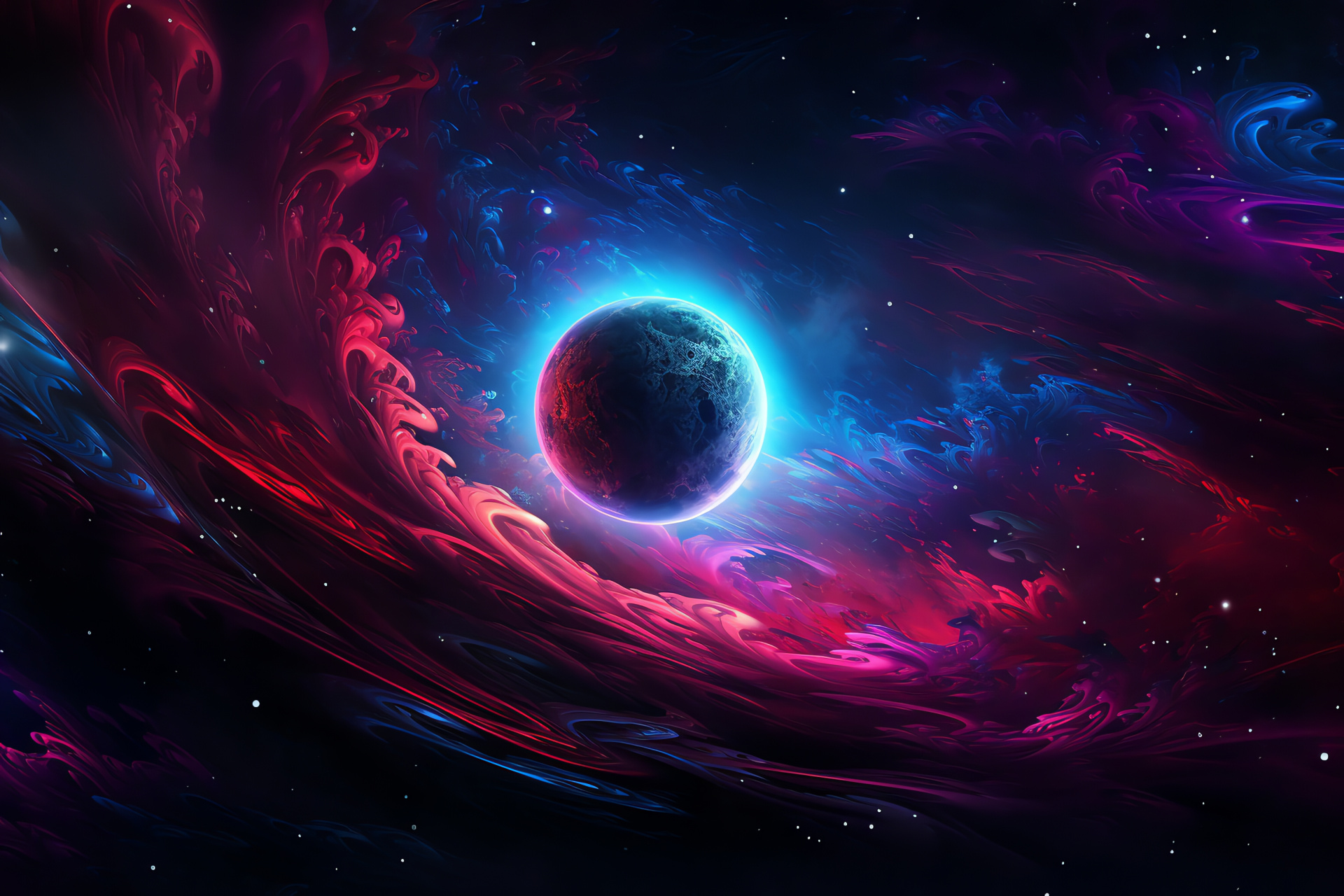 Supernova phenomenon, Cosmic vibrancy, Planetary bodies, Stellar light display, Intense cosmic pulse, HD Desktop Image