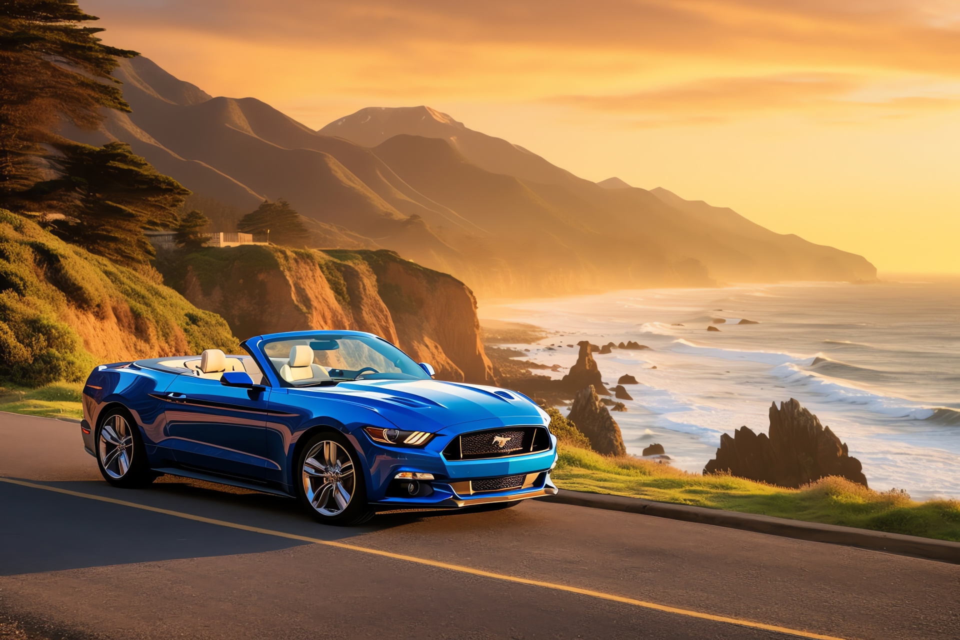 Convertible Mustang GT350, Oceanic route travel, Coastal drive charm, Roofless car fascination, Seafront performance, HD Desktop Wallpaper