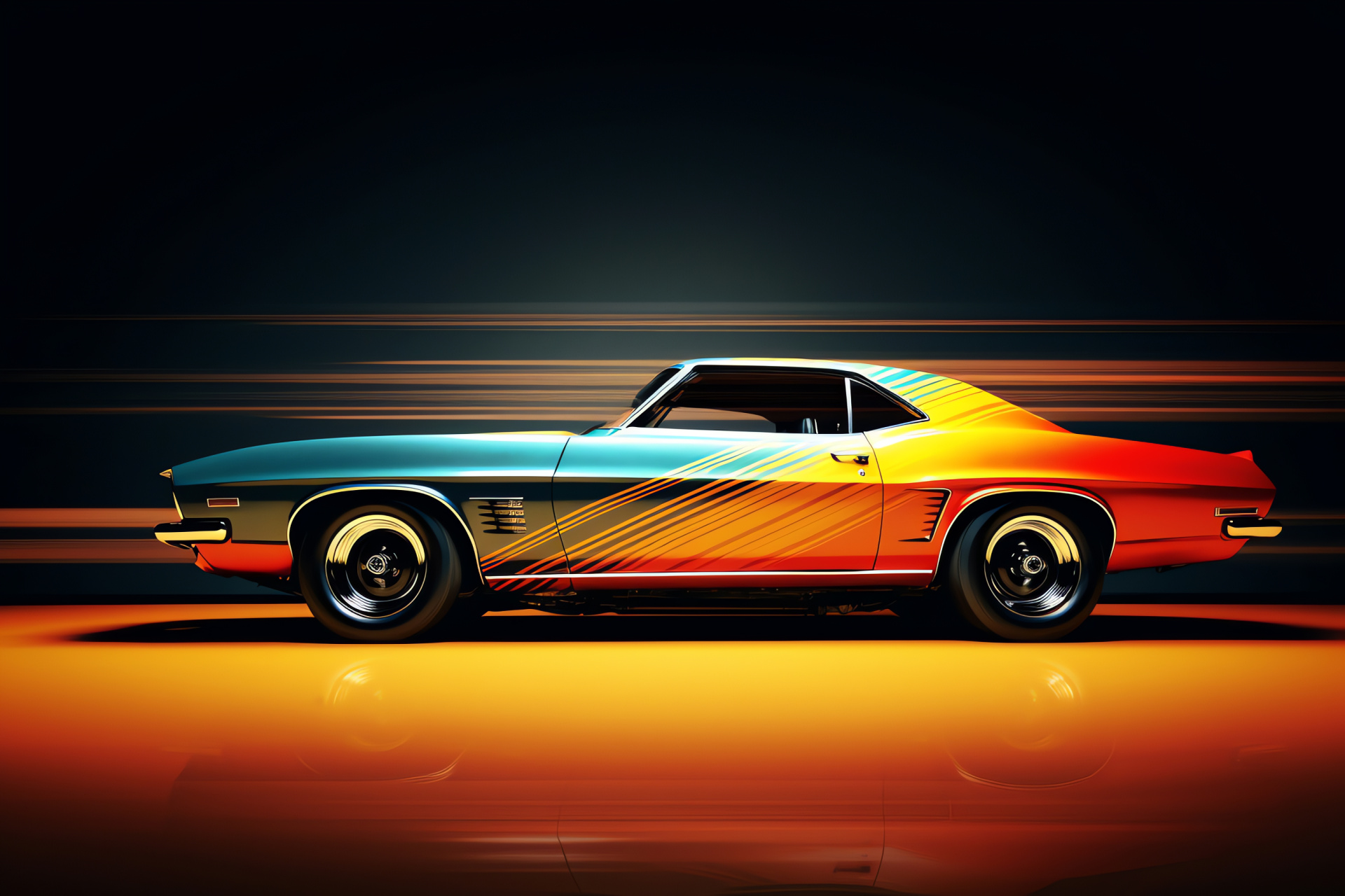 High-octane muscle car, lateral viewpoint, tri-color motif, exhilarating drive essence, powerful stance, HD Desktop Image