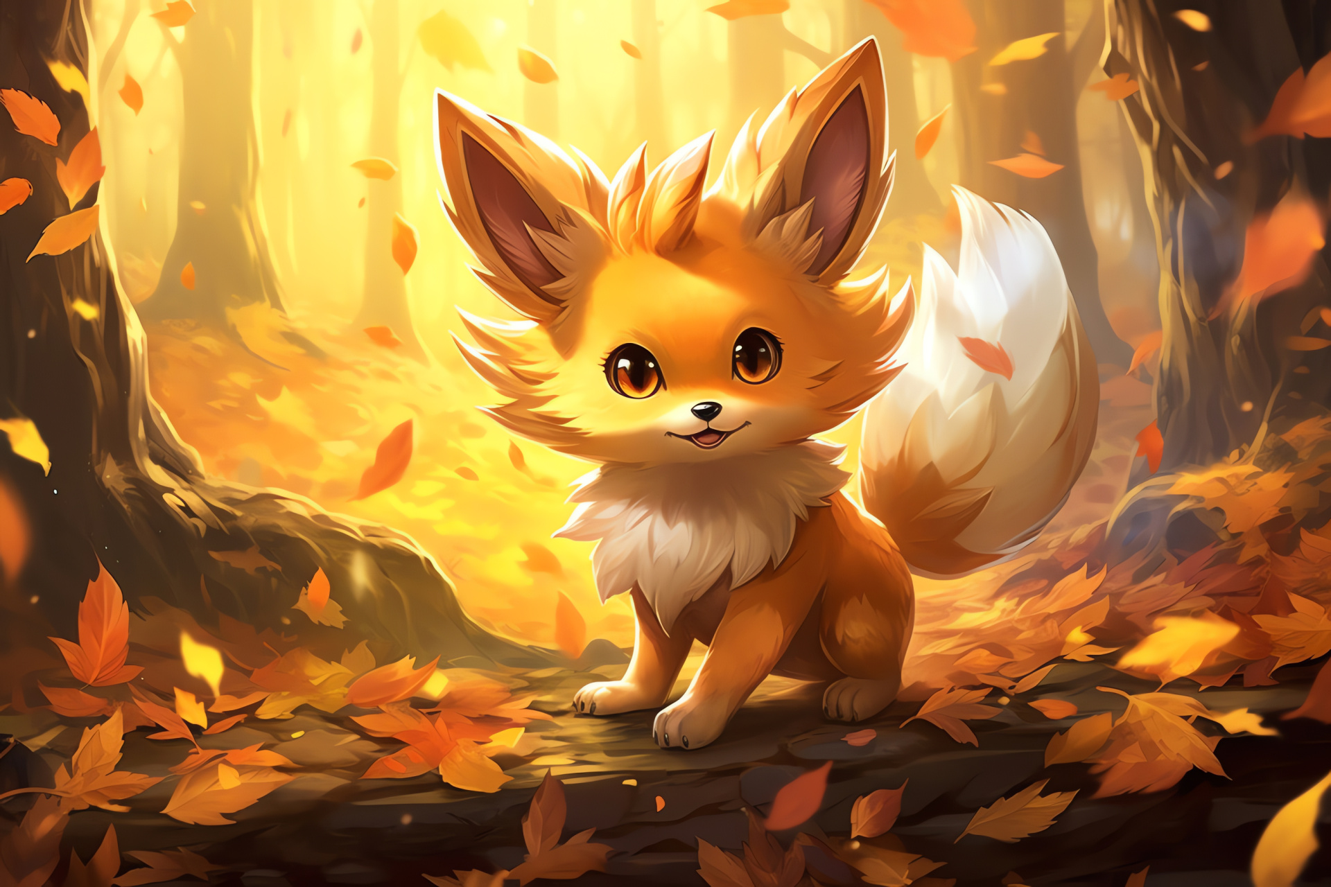 Fennekin realm, vulpine specimen, arcane woods, golden pelt shade, autumnal leafage, HD Desktop Image