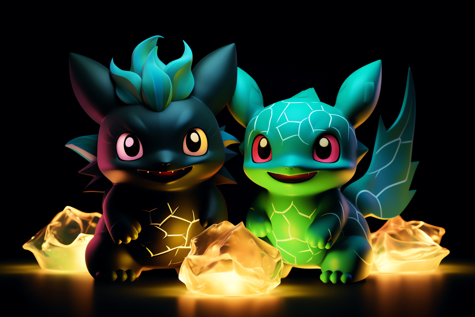 Grass starter Bulbasaur, Puffy Eevee, Verdant hue, Soft fur clash, Absolute darkness contrast, HD Desktop Wallpaper