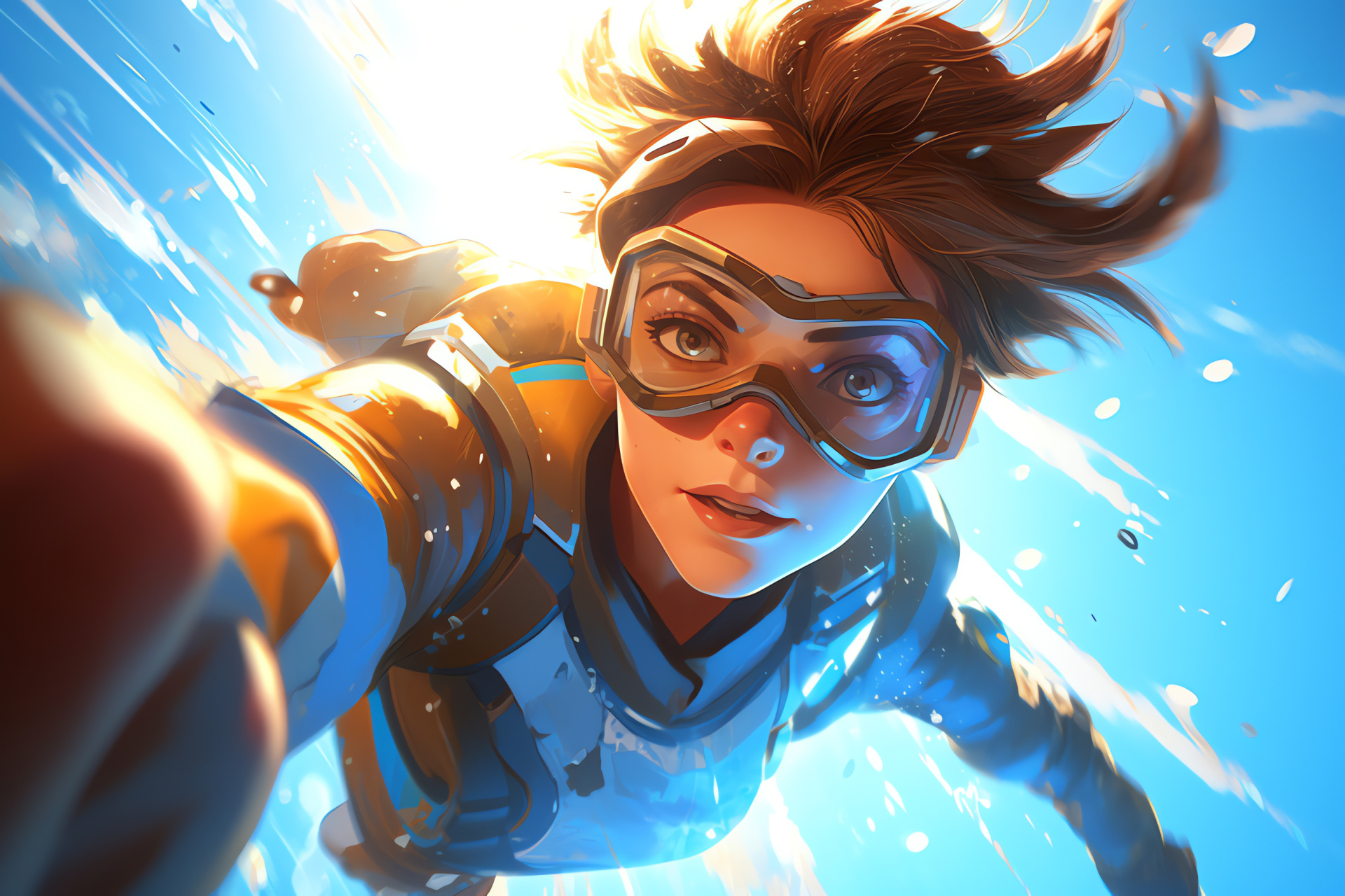 Courageous Overwatch fighter, Skyline battle, Heroic gamer character, Tracer agility, Strategic game art, HD Desktop Wallpaper