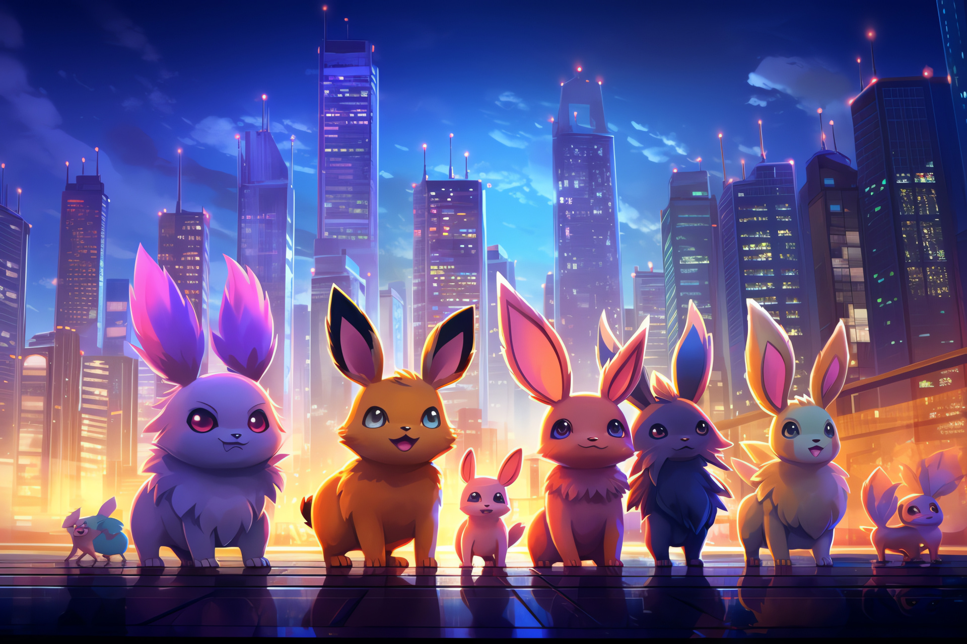 Eevee transformations, urban development, dusk atmosphere, high-rise architecture, digital evolution, HD Desktop Image