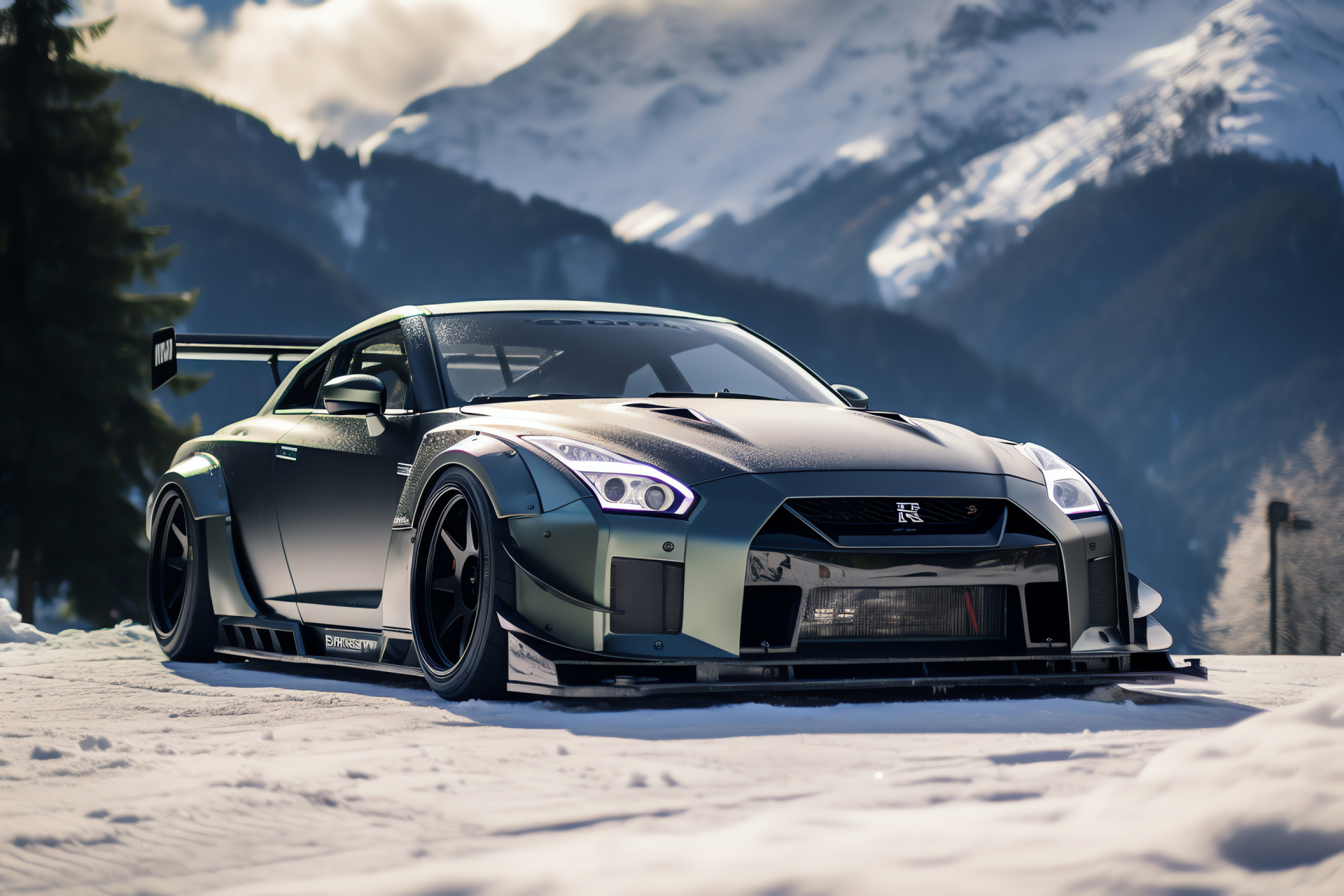 Nissan GTR Liberty Walk in Swiss terrain, Custom kit performance, Iconic mountain turns, Green valley scenic drives, High-powered bodywork, HD Desktop Image