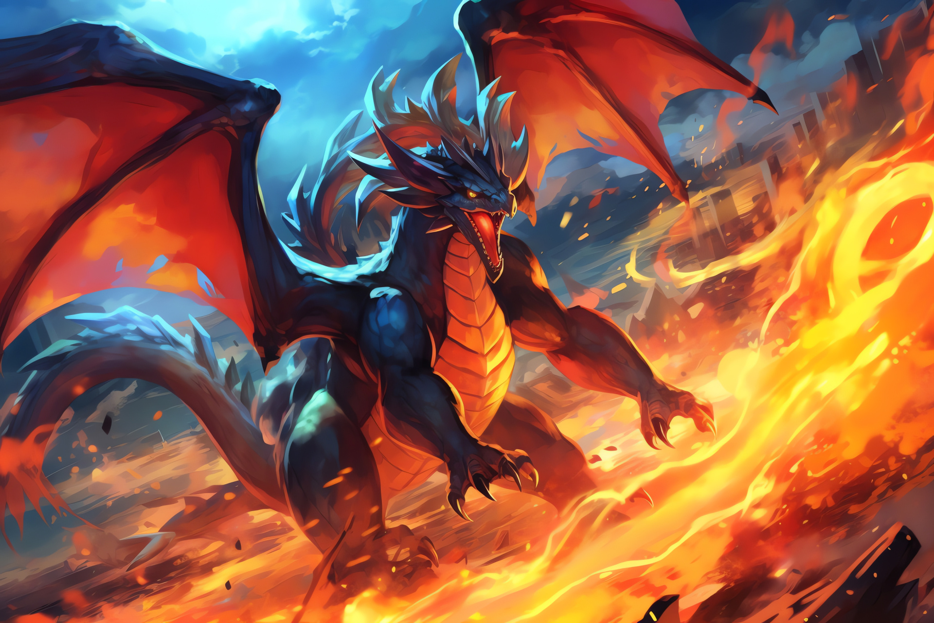 Mega Charizard action, Fire breath attack, Combat spectacle, Heat wave effect, Winged ignition, HD Desktop Image