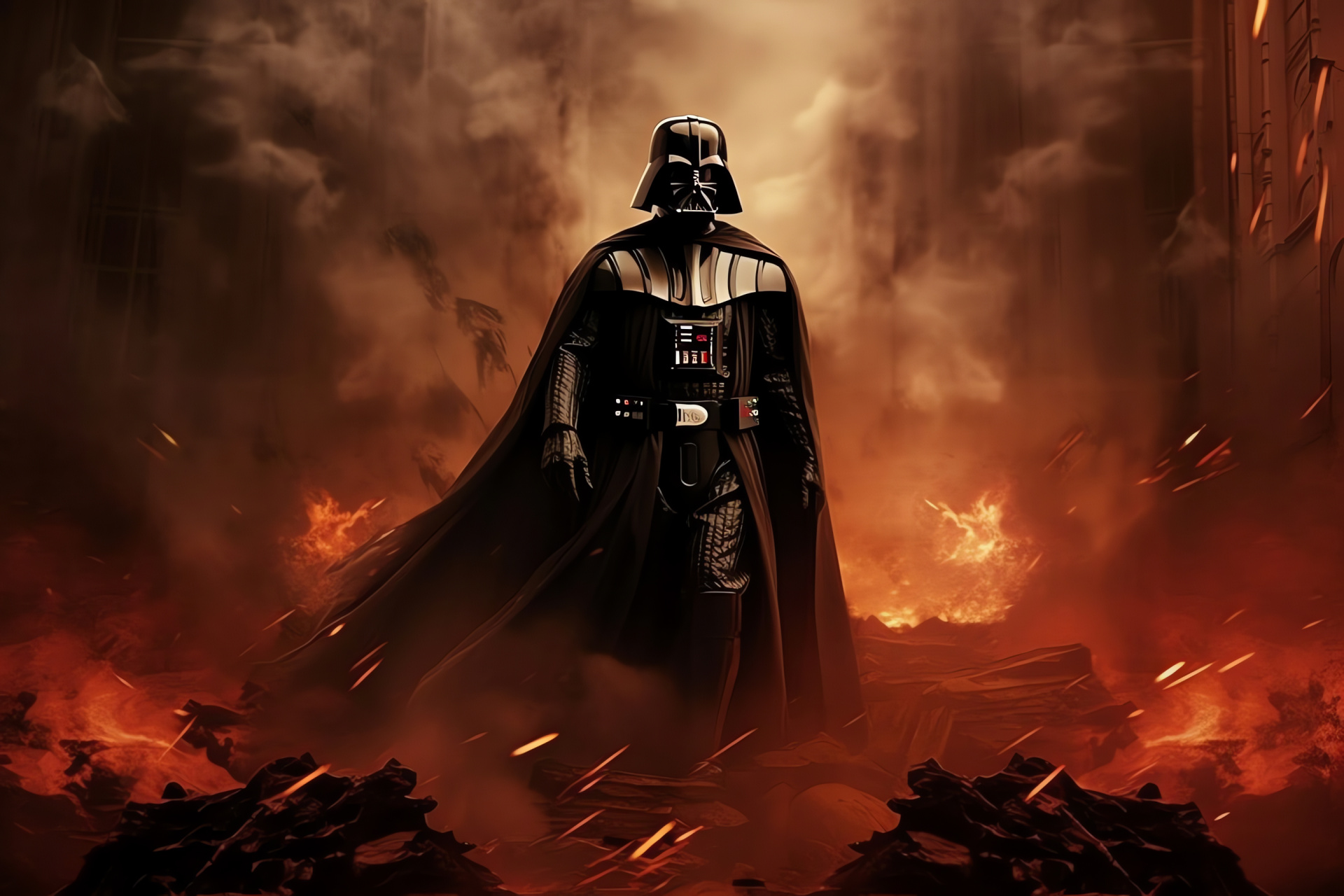 Iconic Sith Lord, Imperial troopers, Space opera destruction, Galactic conflict, Sci-fi battleground, HD Desktop Image