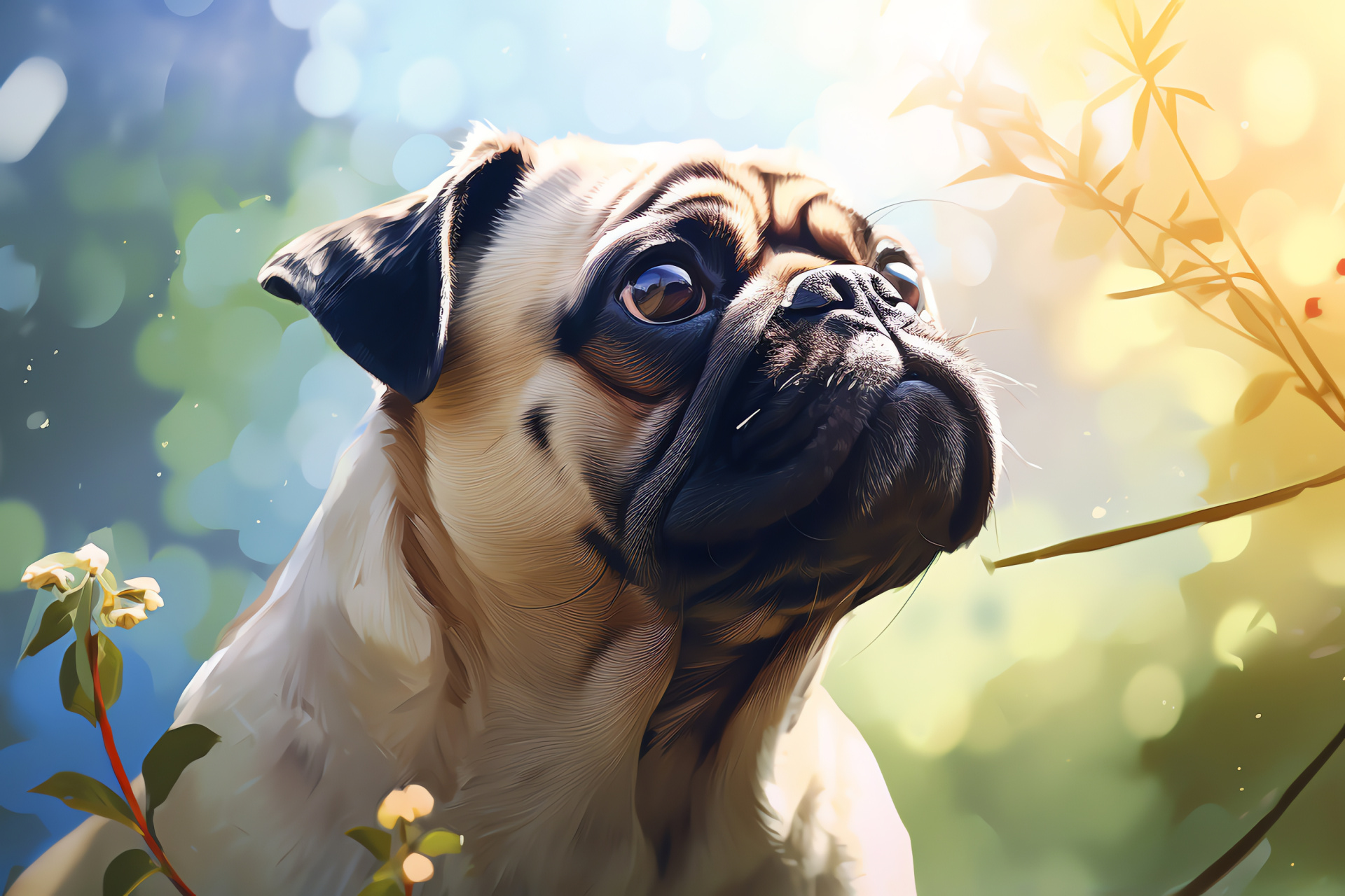 Elder Pug visage, mature canine expression, twilight canine fur, gleaming canine eyes, wisdom apparent, HD Desktop Wallpaper