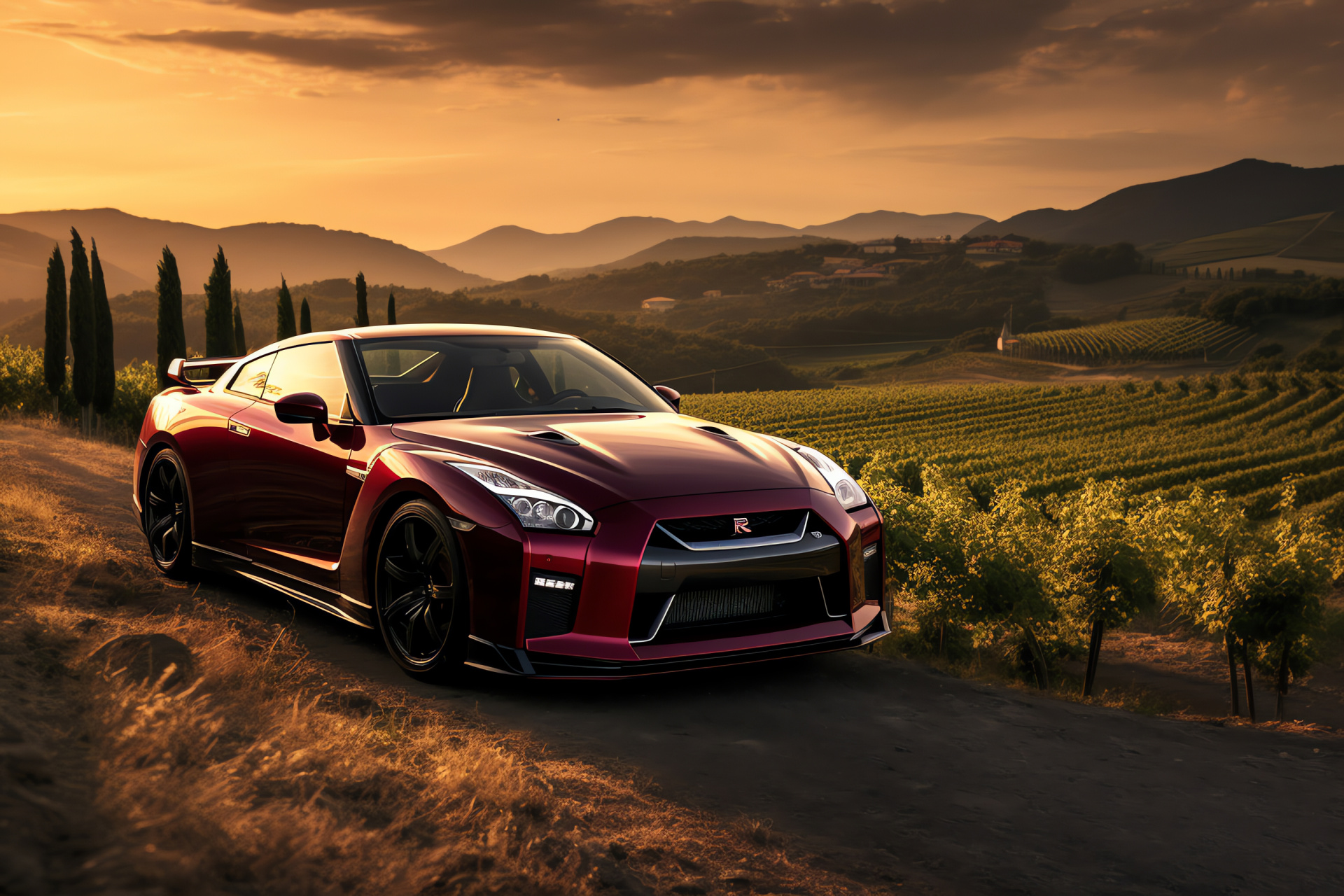 Nissan GTR HD twisting roads, Tuscany landscape, High-performance sports coupe, Driven in Italy, Scenic vehicle journey, HD Desktop Wallpaper