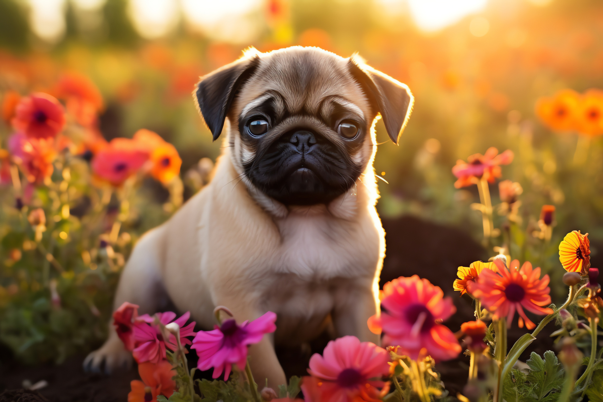 Young Pug breed, Pug's adorable gaze, Curly coat texture, Fawn-colored Pug features, Distinctive Pug facial characteristics, HD Desktop Image