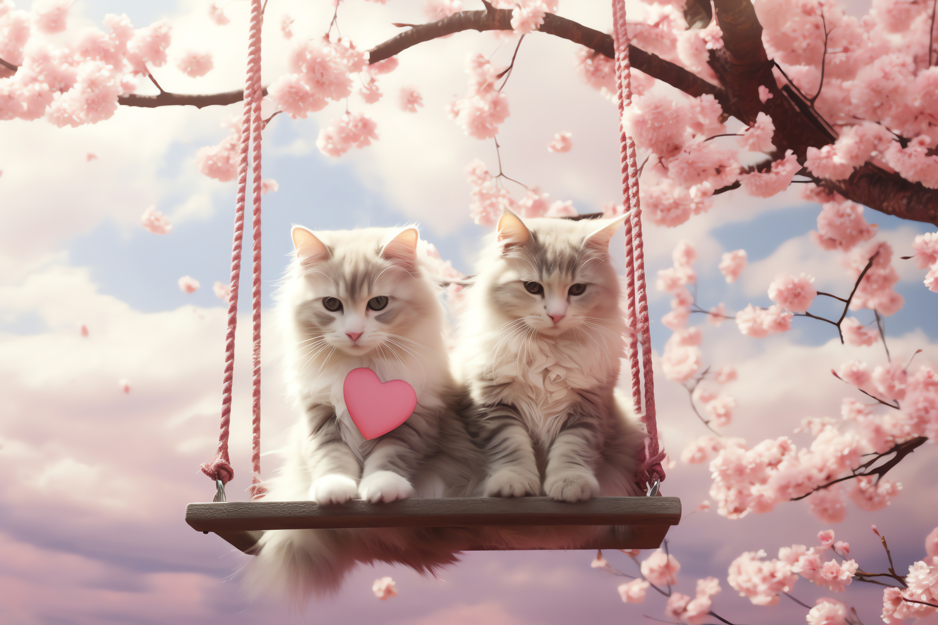 Affectionate felids, Lovable domestics, Arbor seat, Sakura, Amorous adornment, HD Desktop Wallpaper