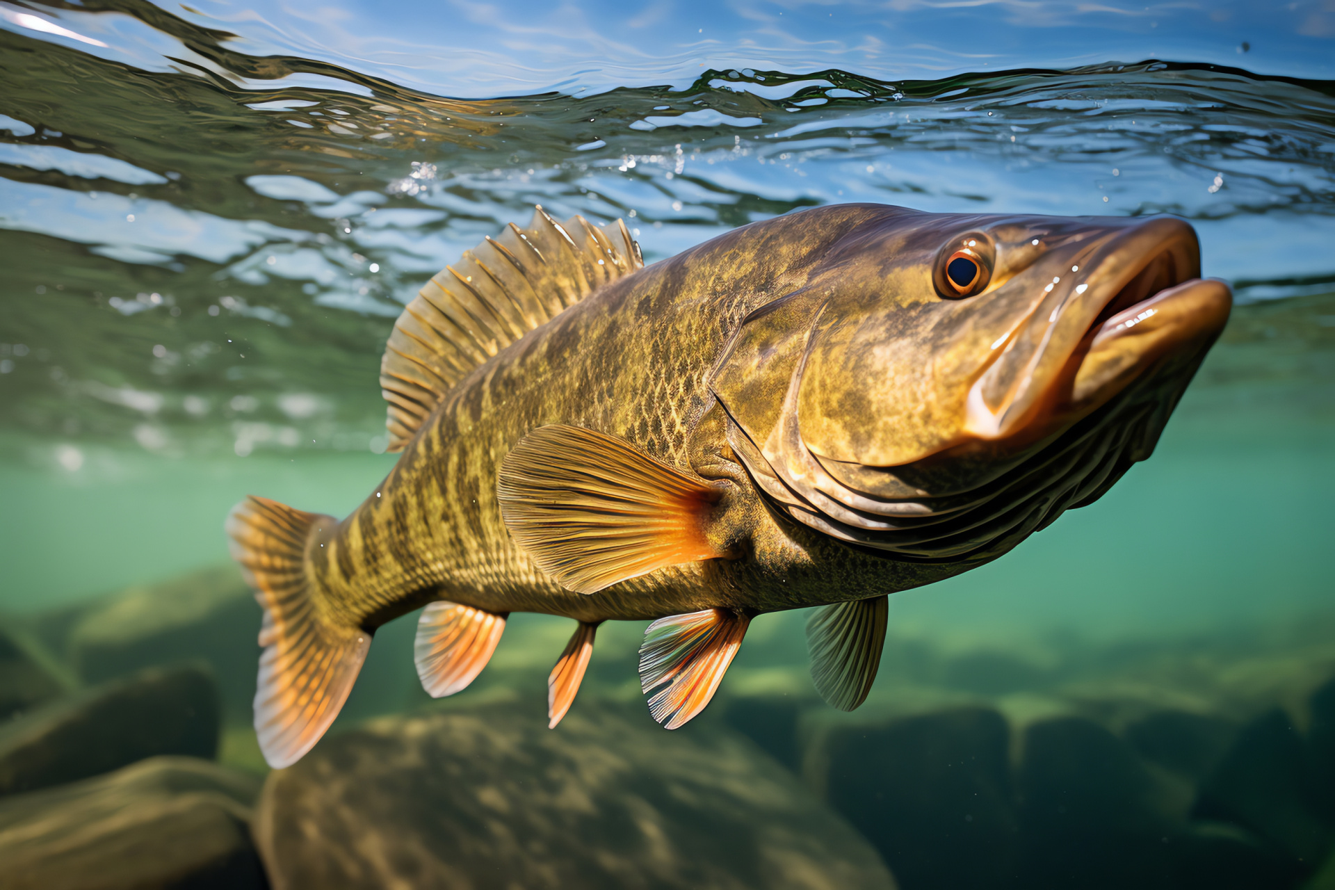 Aquatic predator Smallmouth Bass, Keen sight, River dynamics, Strong swimmer, Rocky river ecosystem, HD Desktop Image