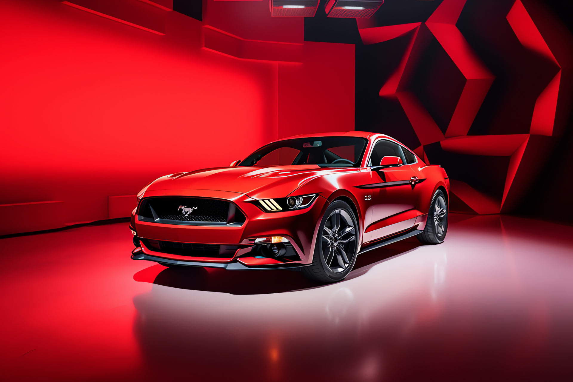 Ford Mustang HD, fiery red polish, standout style, energetic presence, statement automobile, HD Desktop Image