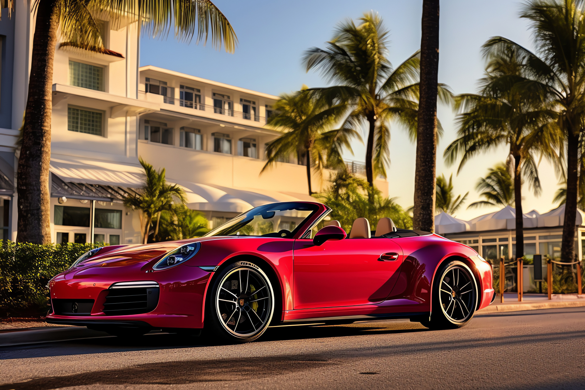 Porsche 911 Carrera S Cabriolet, Miami city escape, Glamorous convertible touring, Iconic urban skyline, Ocean Drive, HD Desktop Image