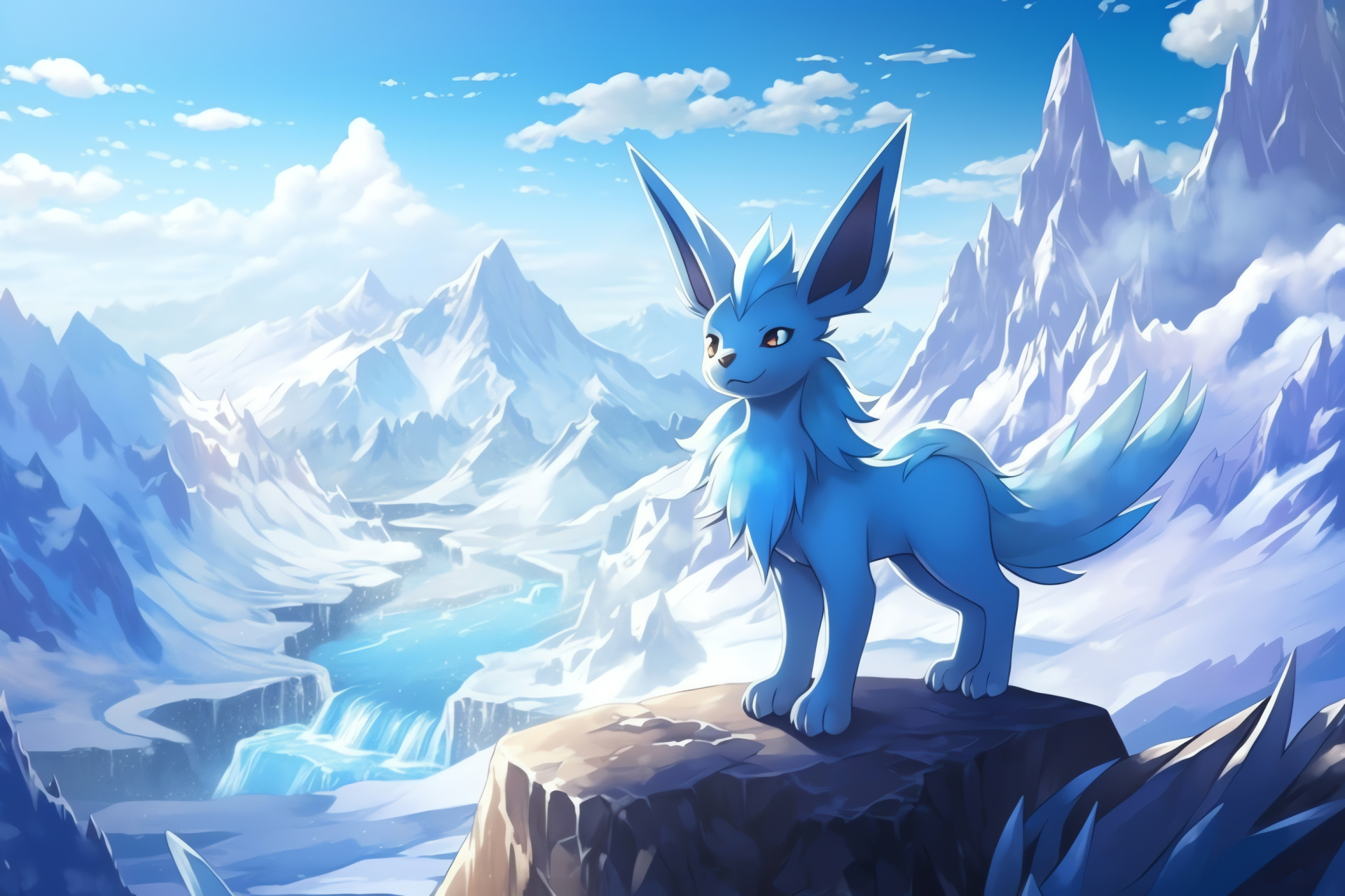 Frozen Glaceon, frigid ice evolution, snowcapped terrain, arctic landscape, cobalt fur, HD Desktop Image